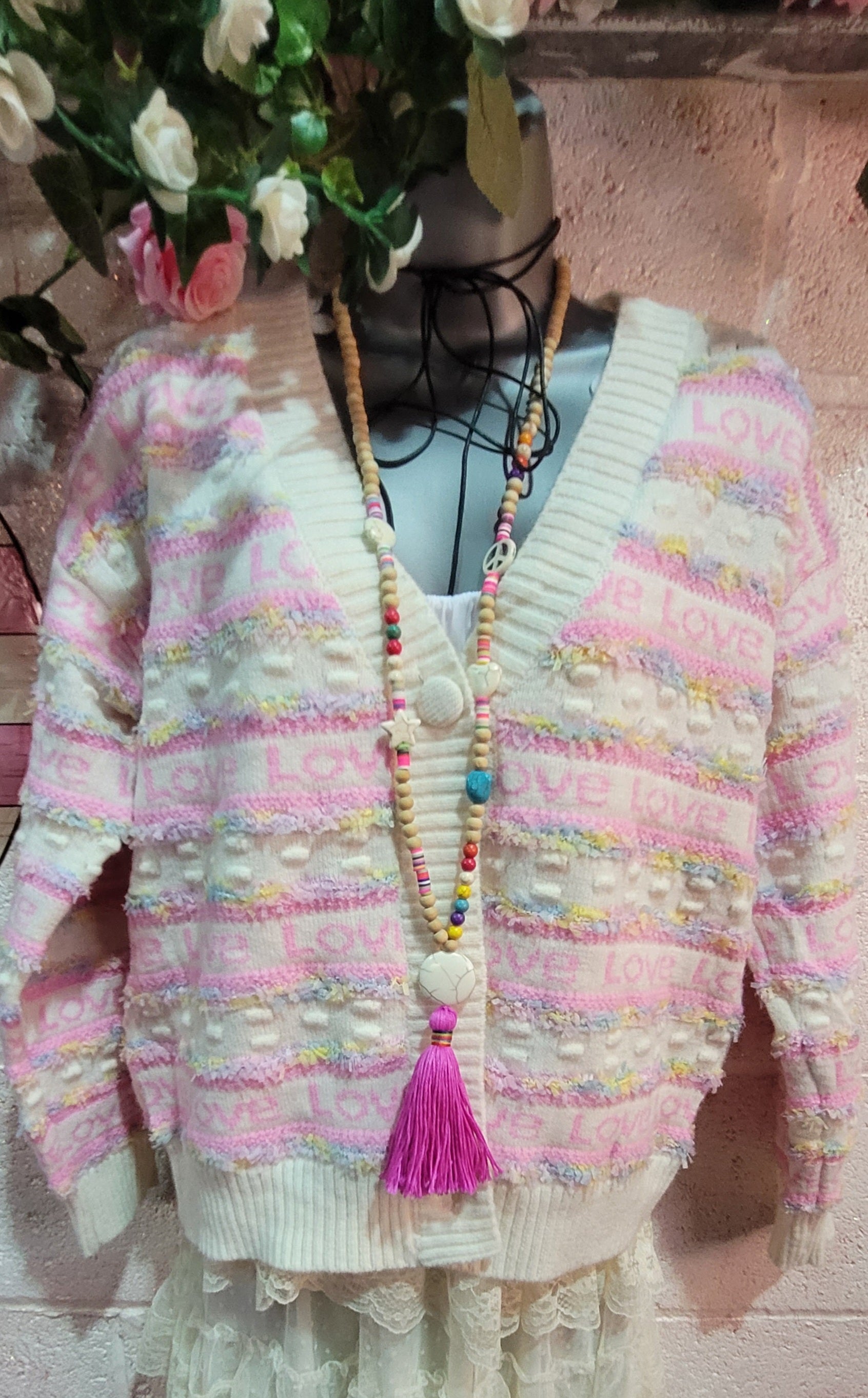 Lola Love Button Down Cardigan Cream & Powder Pink