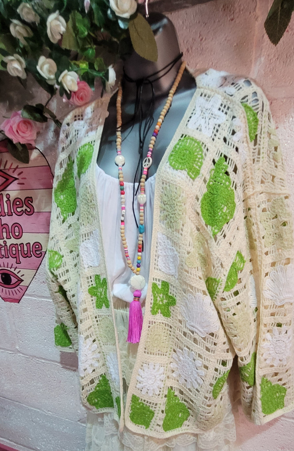 Bella Beach Boho Cardigan Ivory & Green