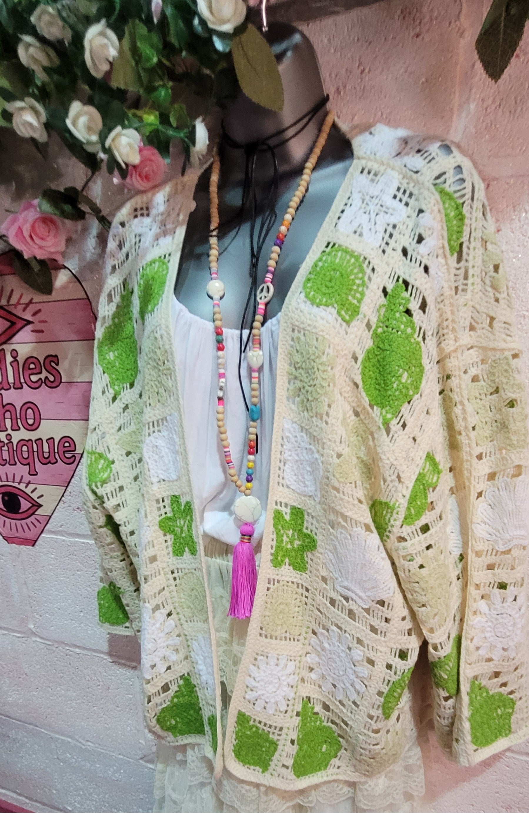 Bella Beach Boho Cardigan Ivory & Green
