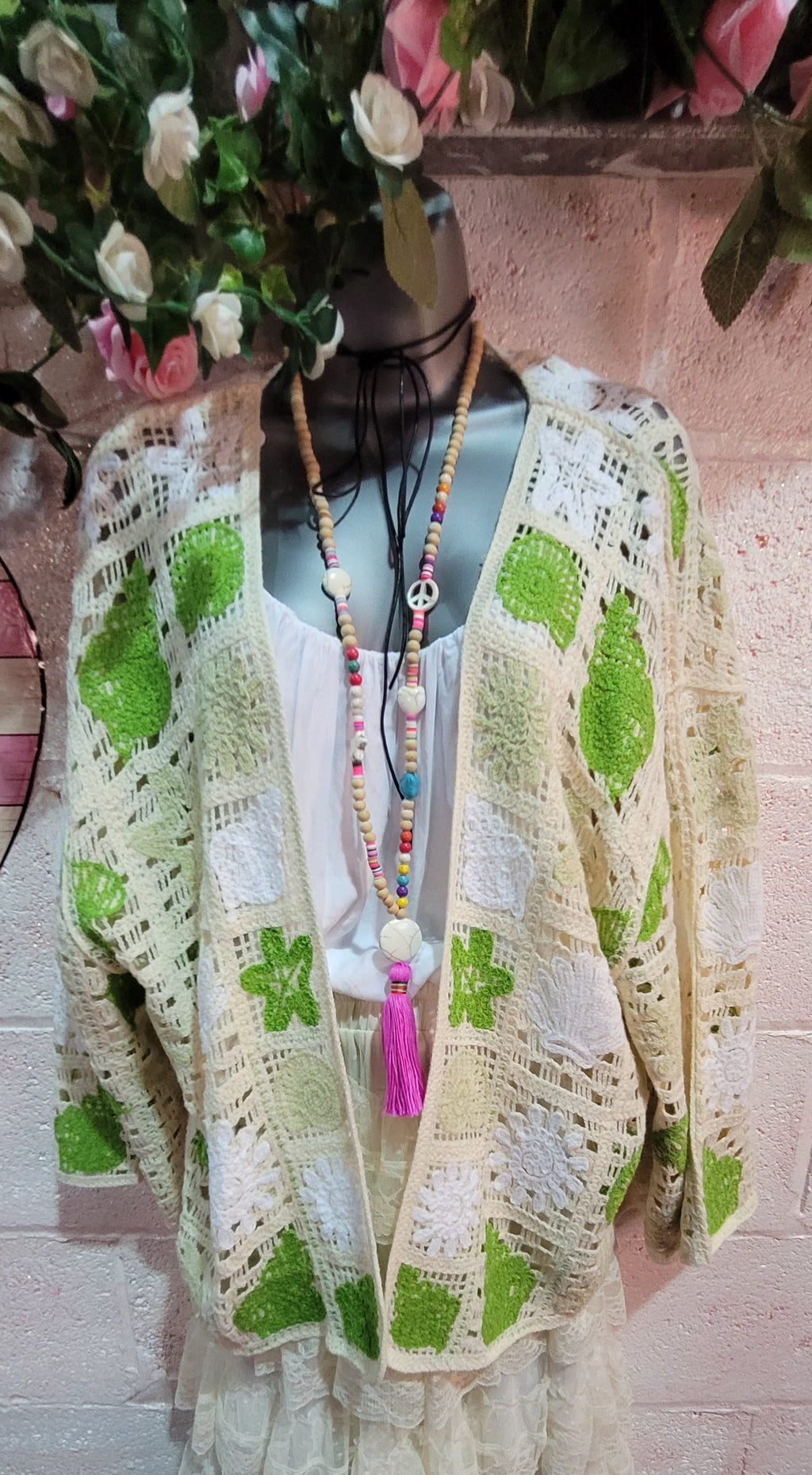 Bella Beach Boho Cardigan Ivory & Green