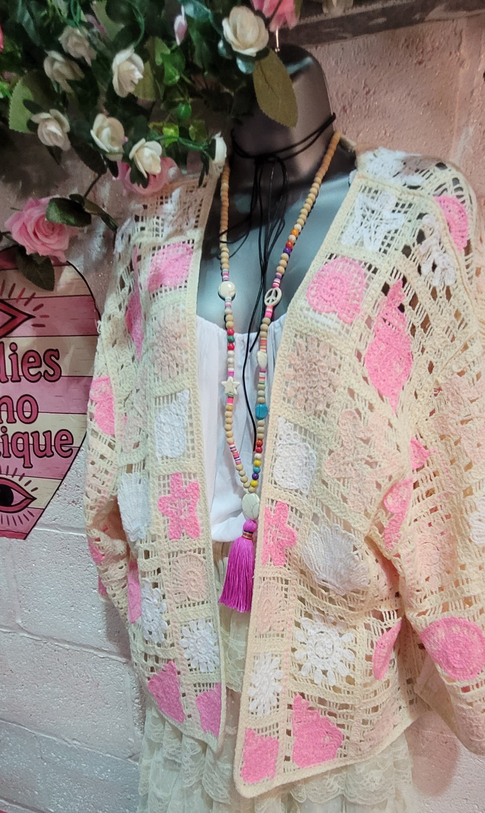 Bella Beach Boho Cardigan Ivory & Pink