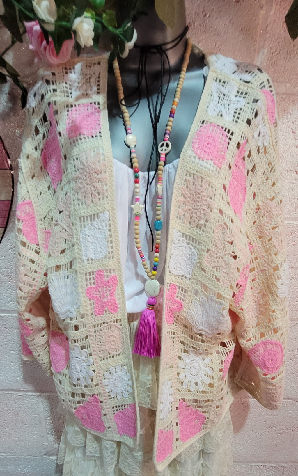 Bella Beach Boho Cardigan Ivory & Pink