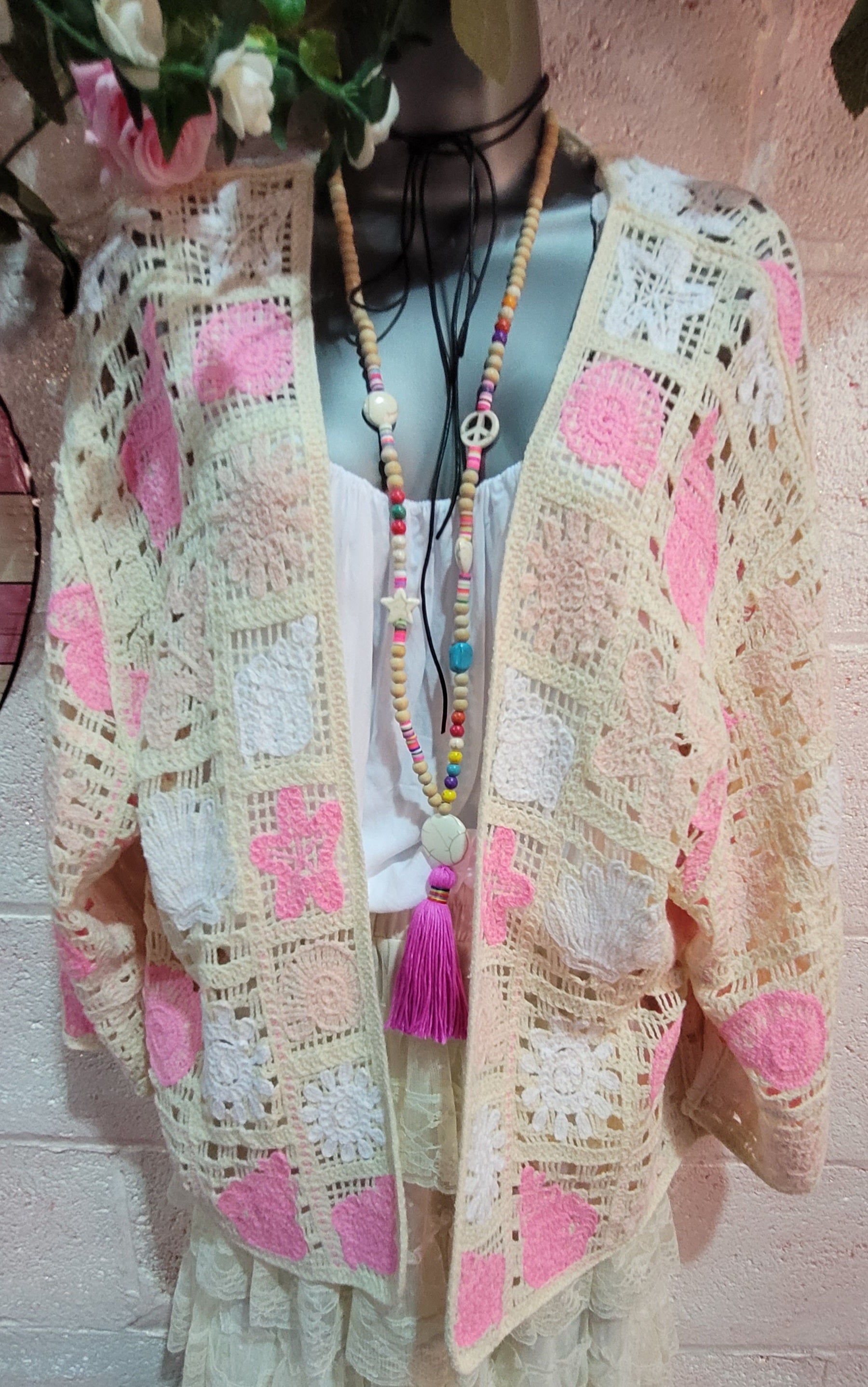 Bella Beach Boho Cardigan Ivory & Pink