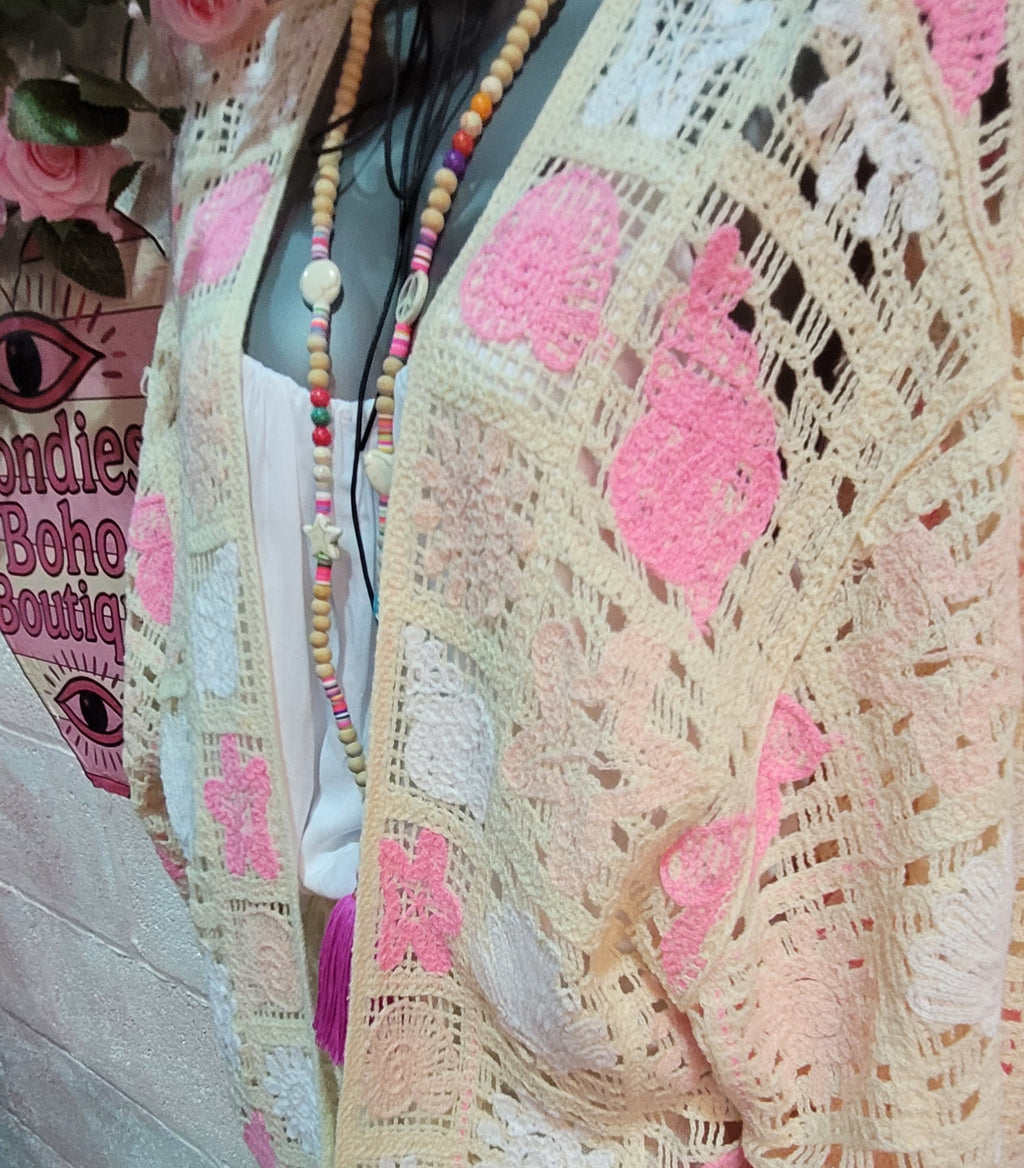 Bella Beach Boho Cardigan Ivory & Pink