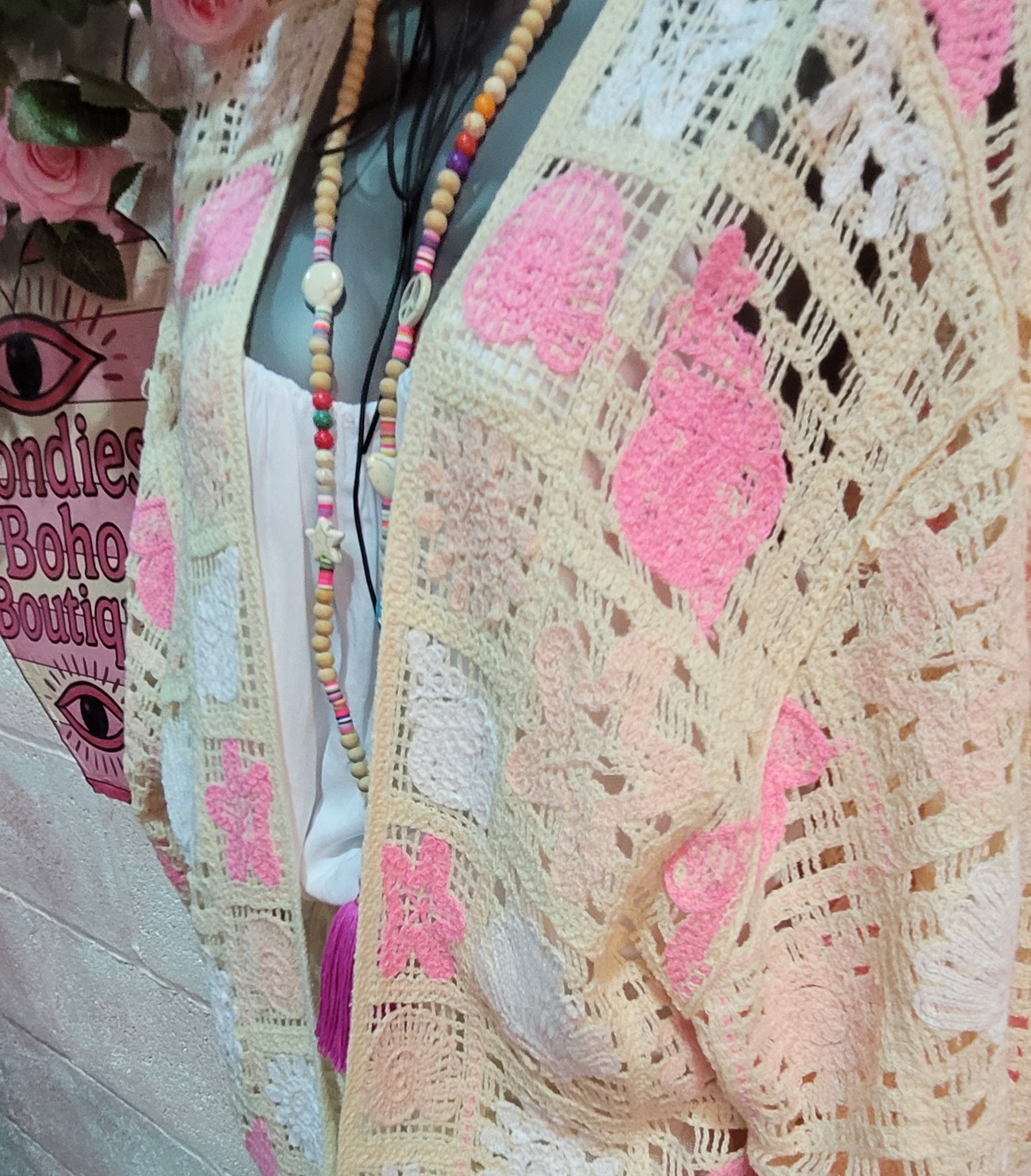 Bella Beach Boho Cardigan Ivory & Pink