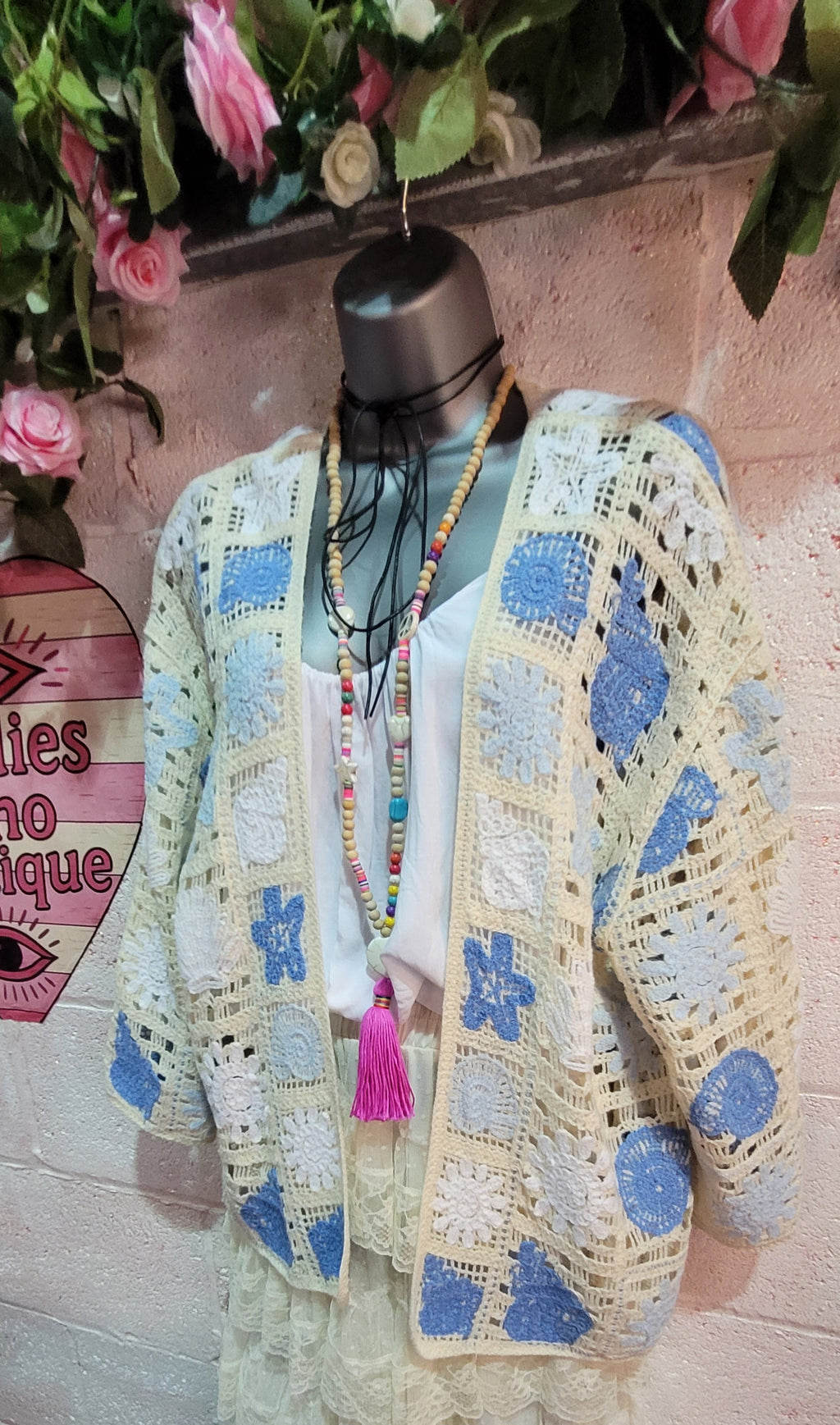 Bella Beach Boho Cardigan Ivory & Blue