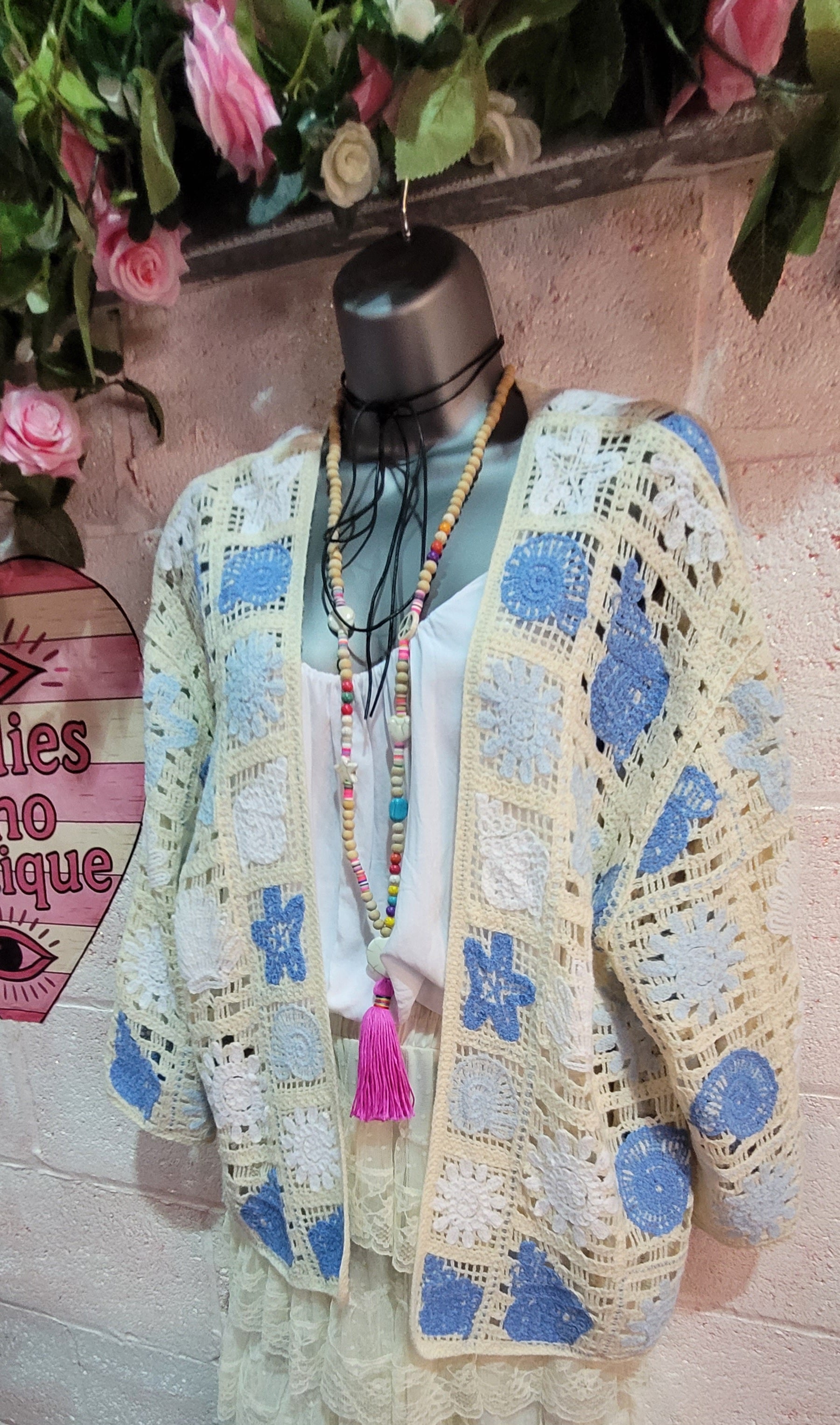 Bella Beach Boho Cardigan Ivory & Blue