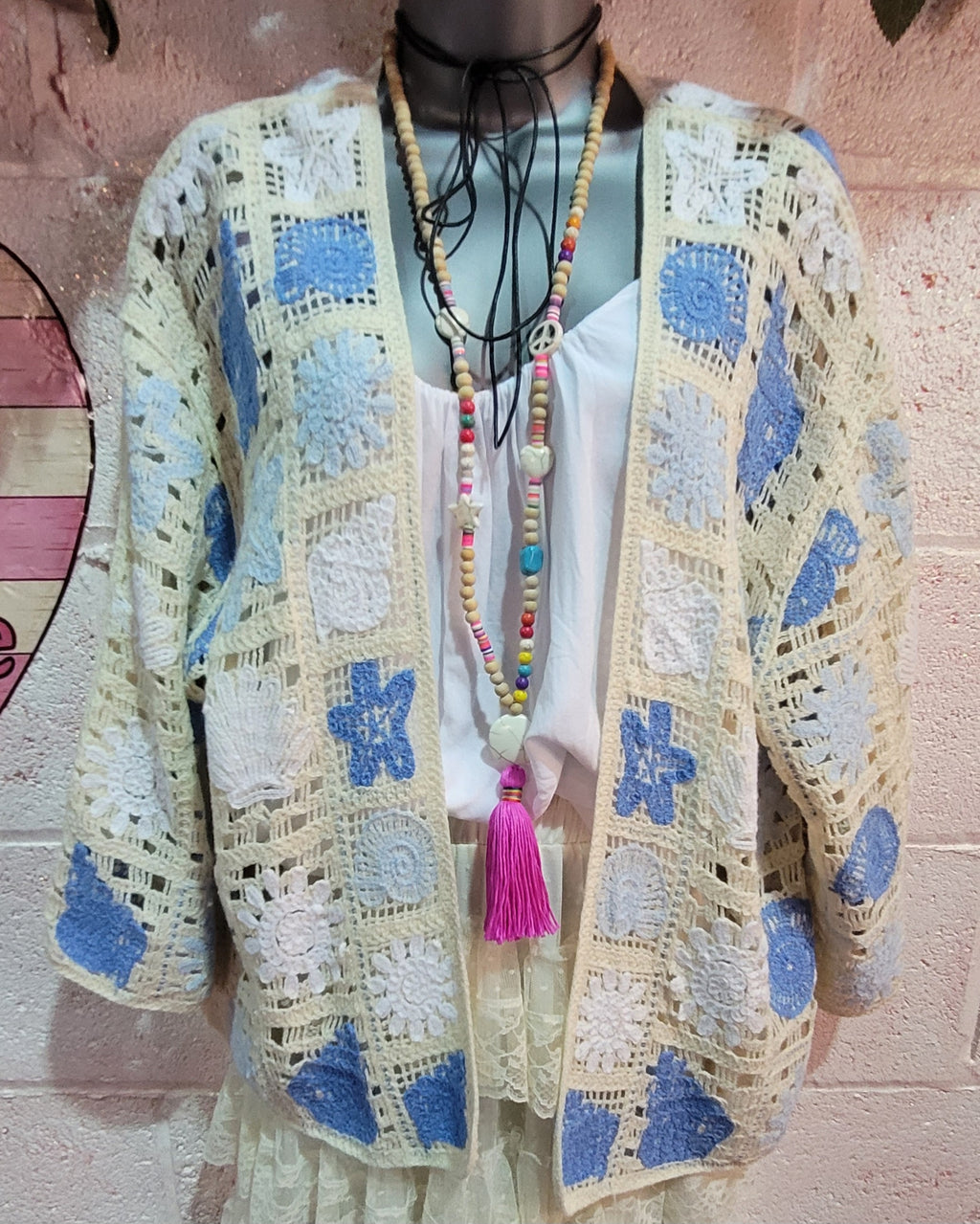 Bella Beach Boho Cardigan Ivory & Blue
