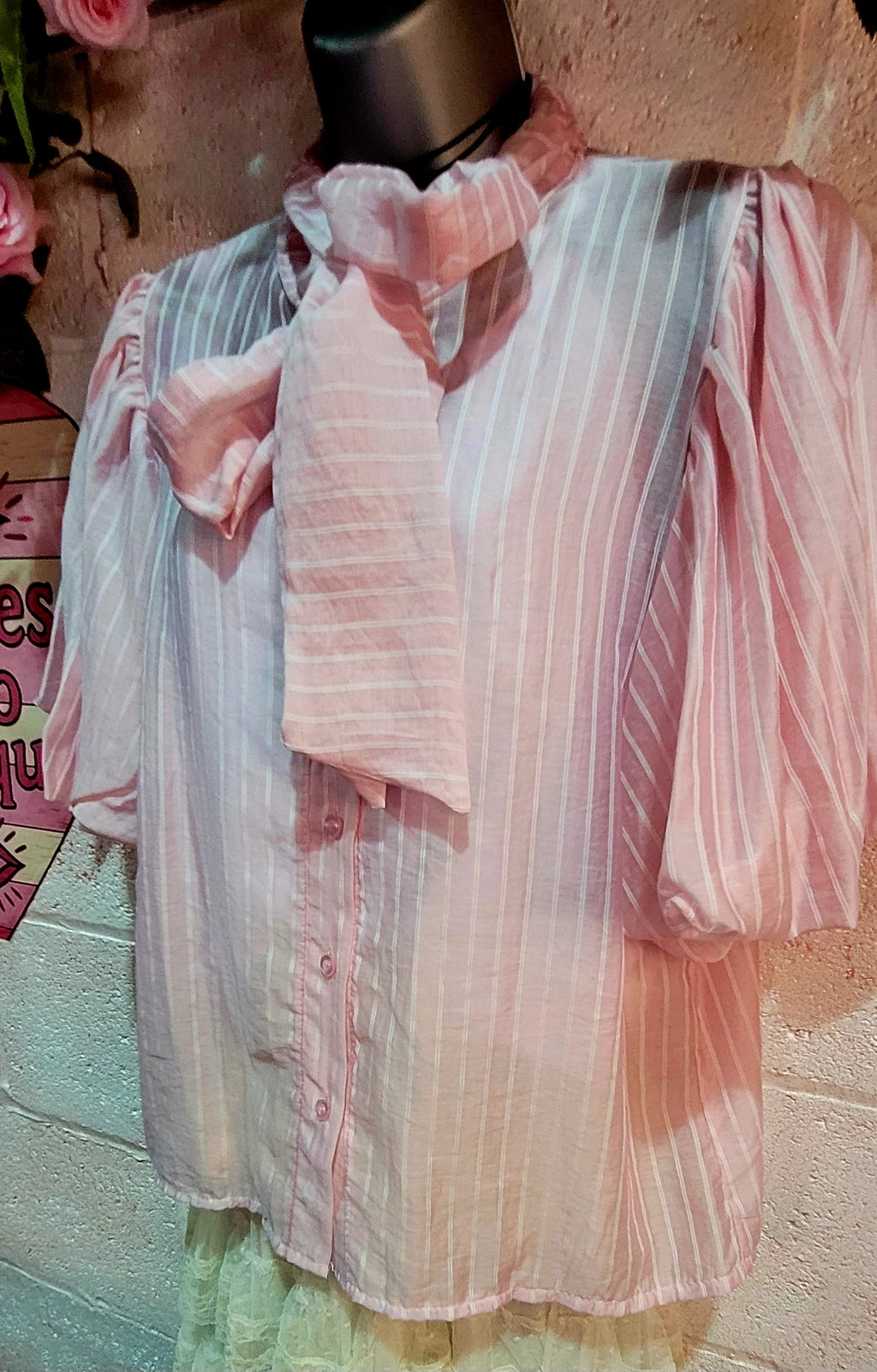 Penelope Pussy Bow Pinstripe Blouse Baby Pink & Cream