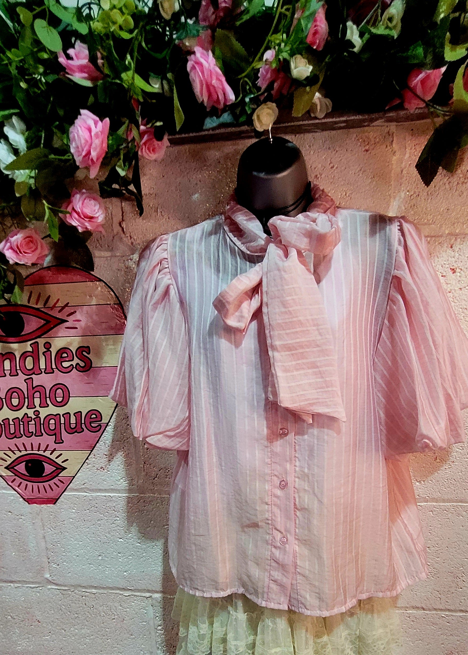 Penelope Pussy Bow Pinstripe Blouse Baby Pink & Cream