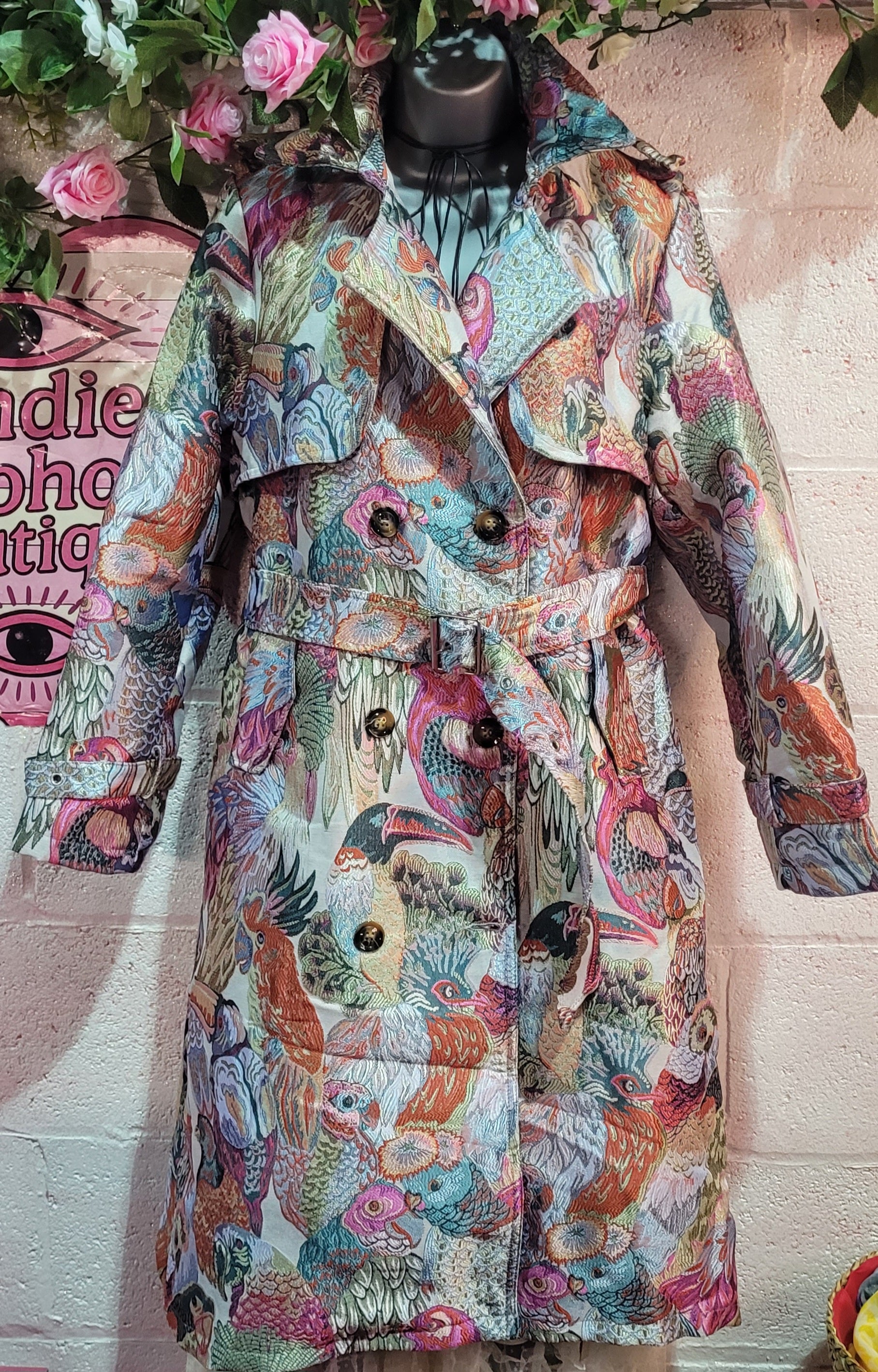 Pinka Parrot Trench Coat, Mixed Pinks, Teals & Greens