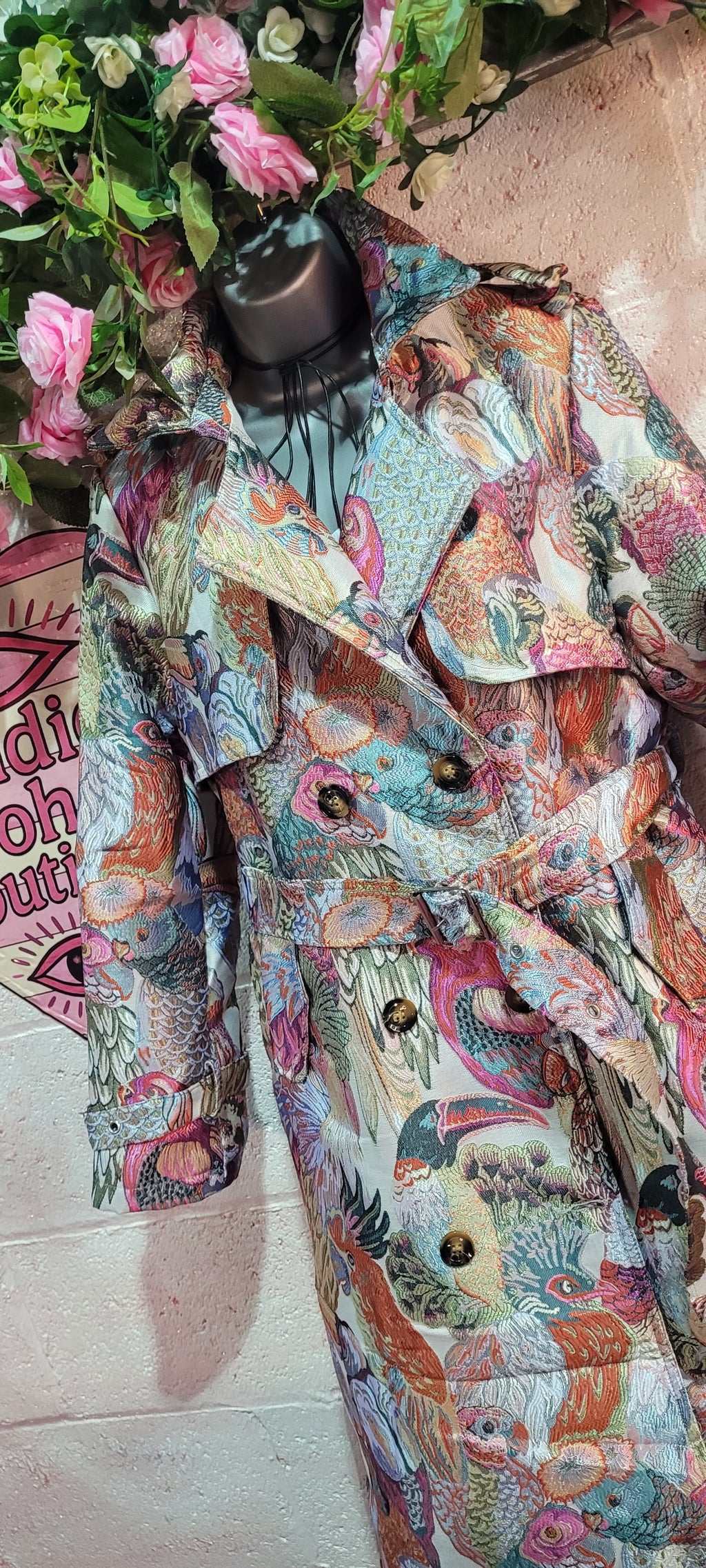 Pinka Parrot Trench Coat, Mixed Pinks, Teals & Greens