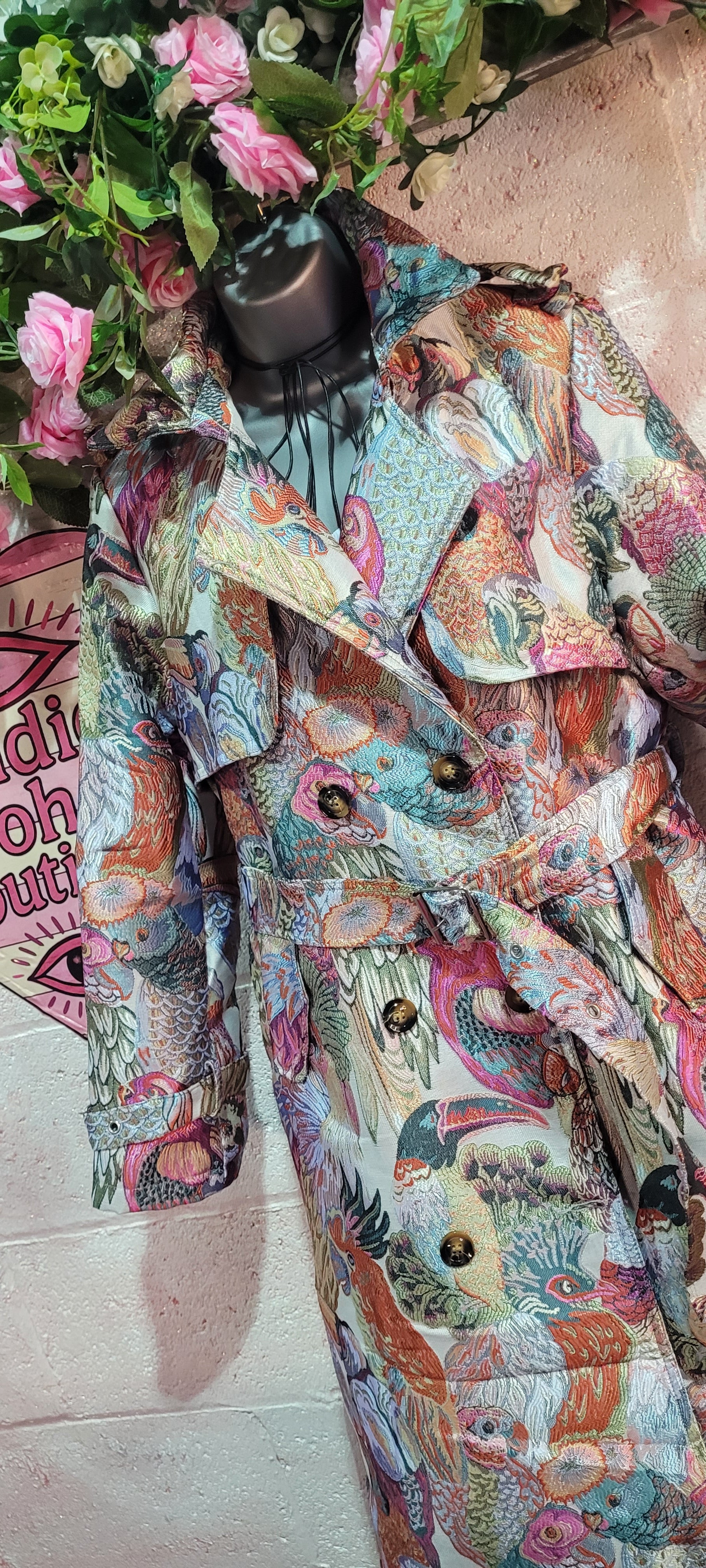 Pinka Parrot Trench Coat, Mixed Pinks, Teals & Greens