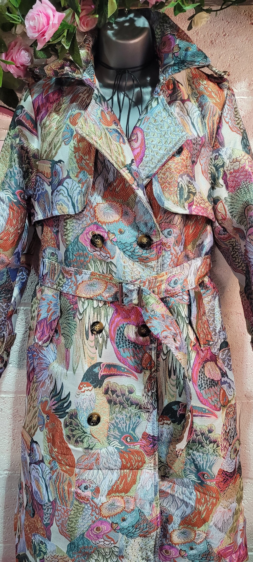 Pinka Parrot Trench Coat, Mixed Pinks, Teals & Greens