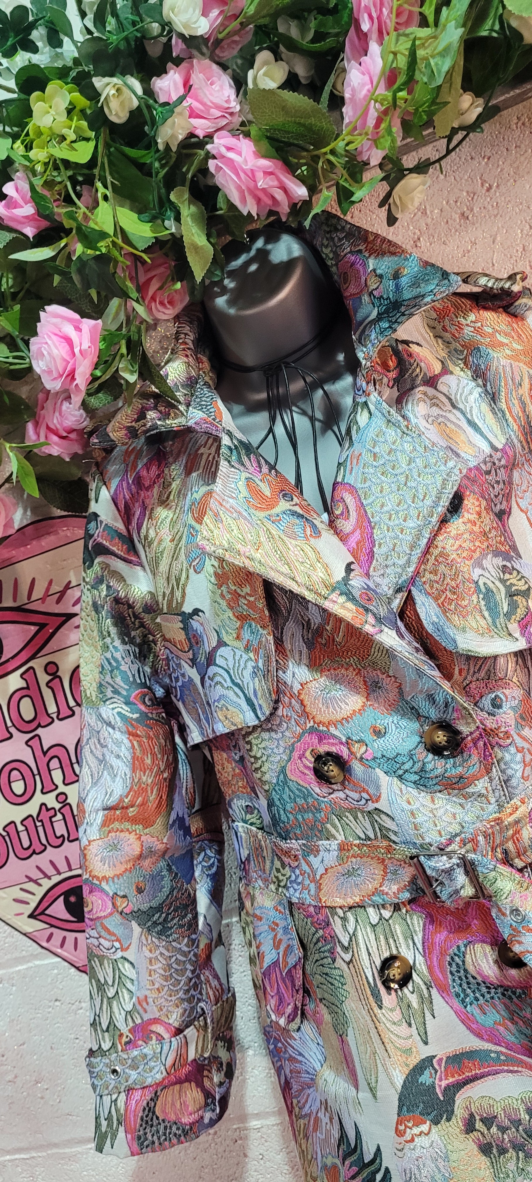 Pinka Parrot Trench Coat, Mixed Pinks, Teals & Greens