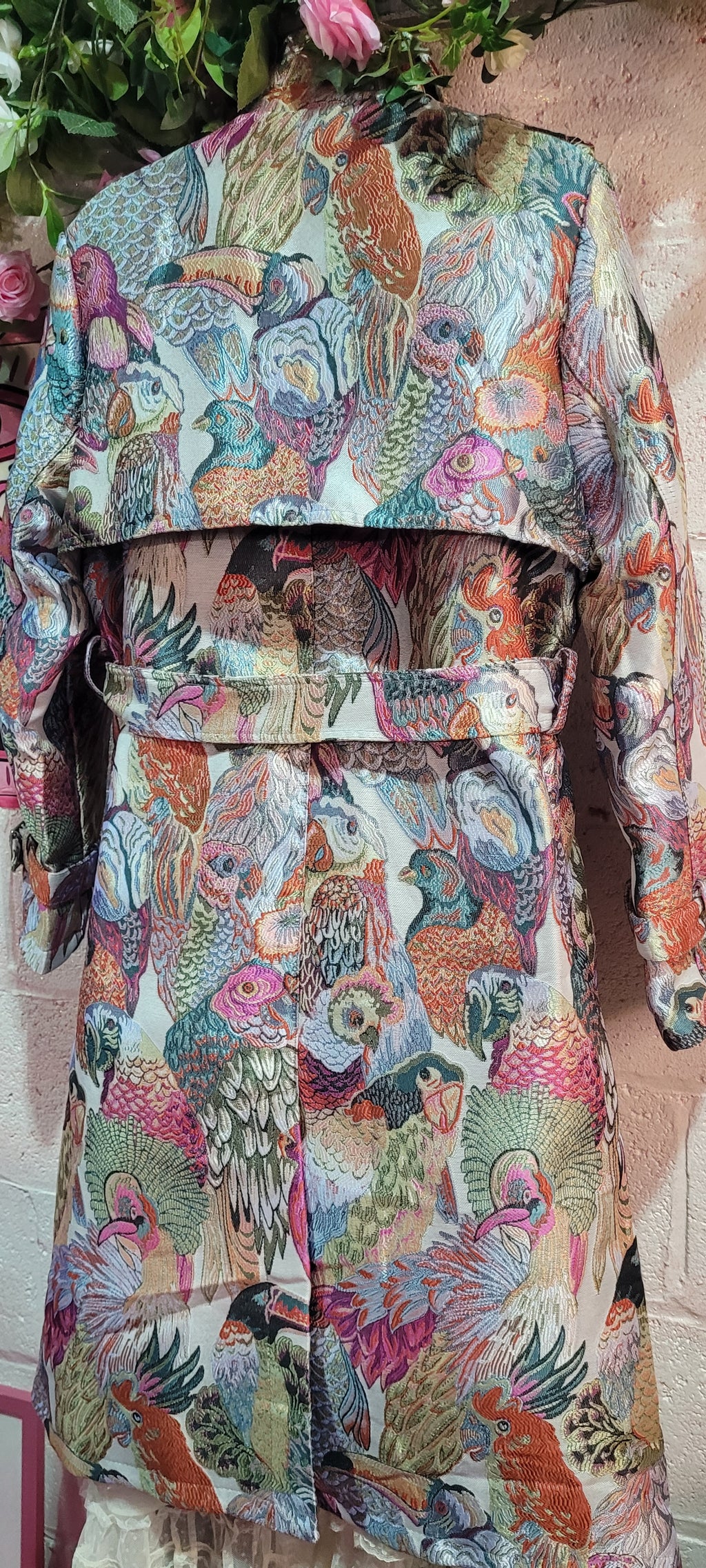 Pinka Parrot Trench Coat, Mixed Pinks, Teals & Greens