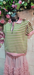 Abigail Striped Teddy Knit Polo Top Green & Pink