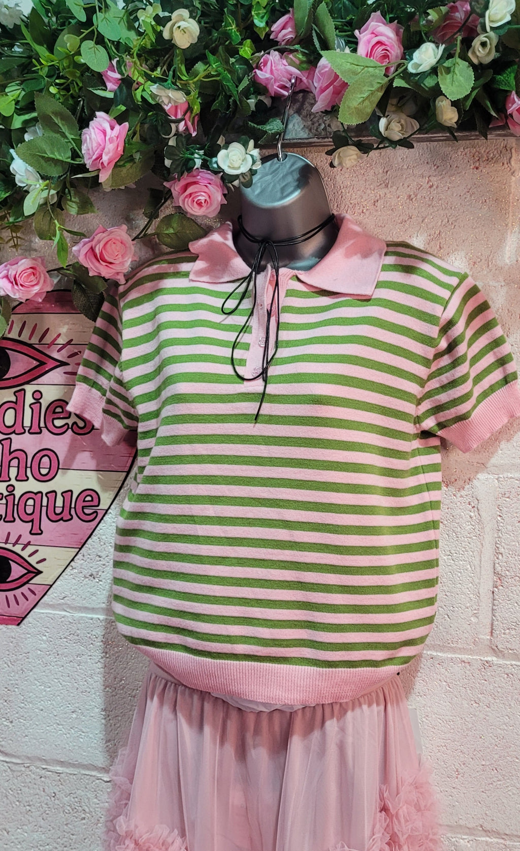Abigail Striped Teddy Knit Polo Top Green & Pink