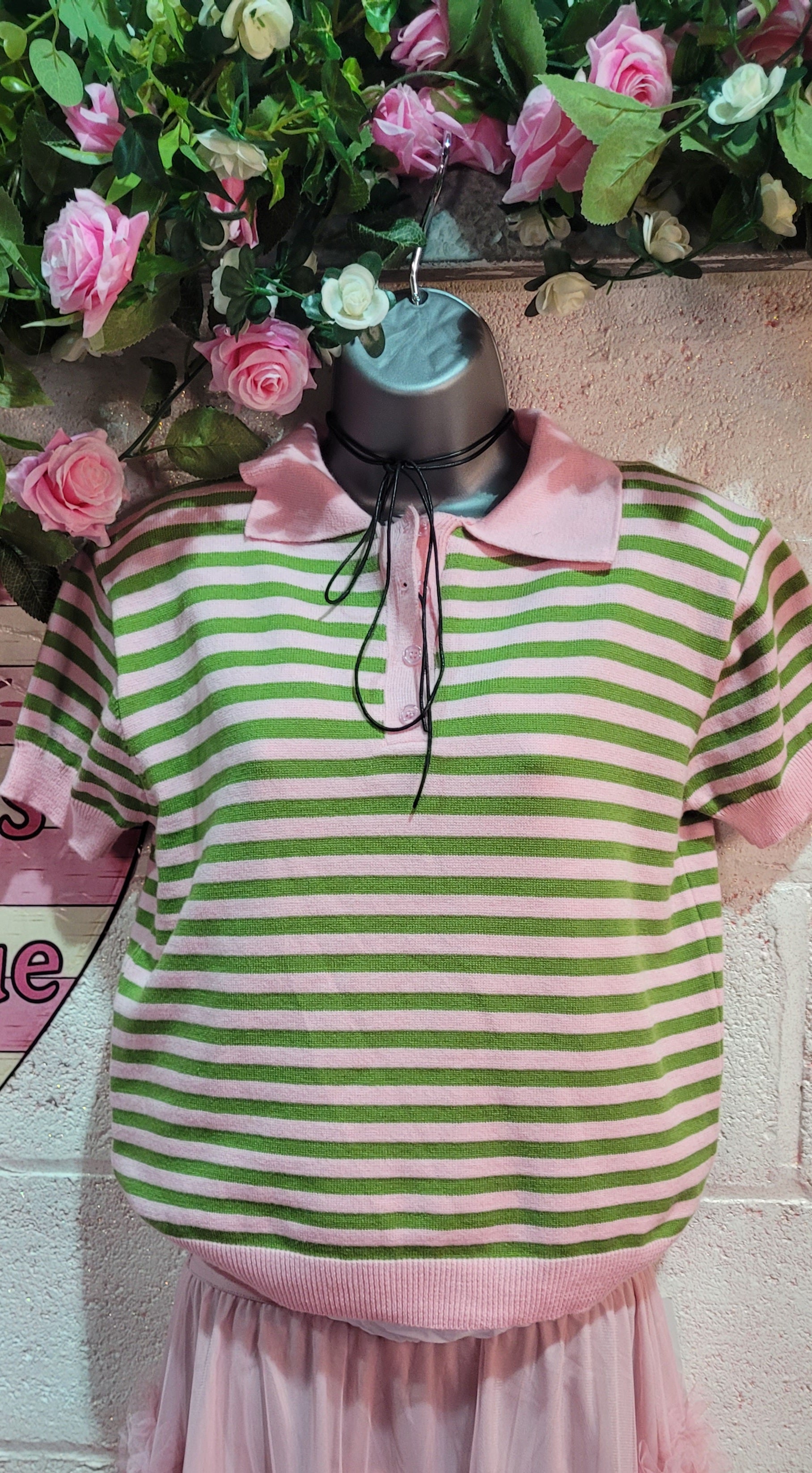 Abigail Striped Teddy Knit Polo Top Green & Pink