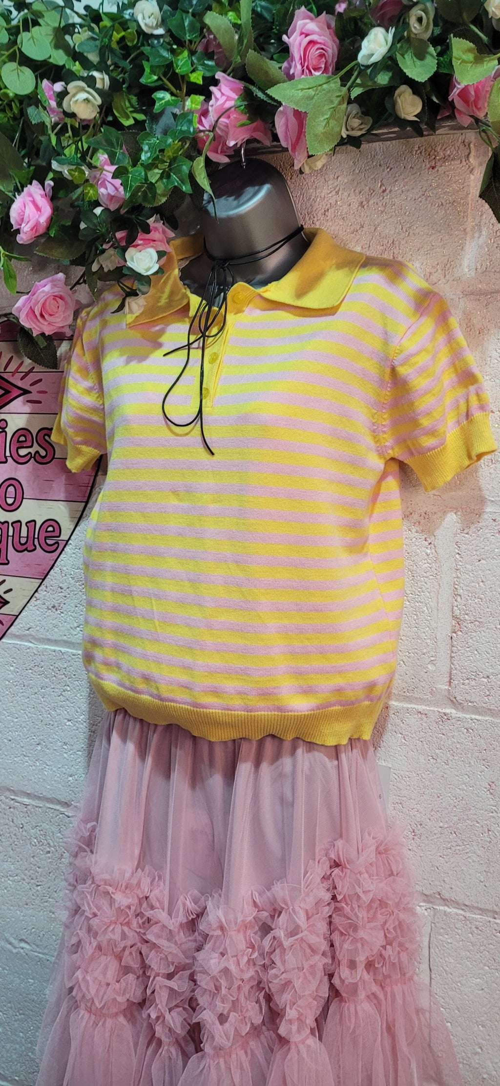 Abigail Striped Teddy Knit Polo Top Lemon & Pink