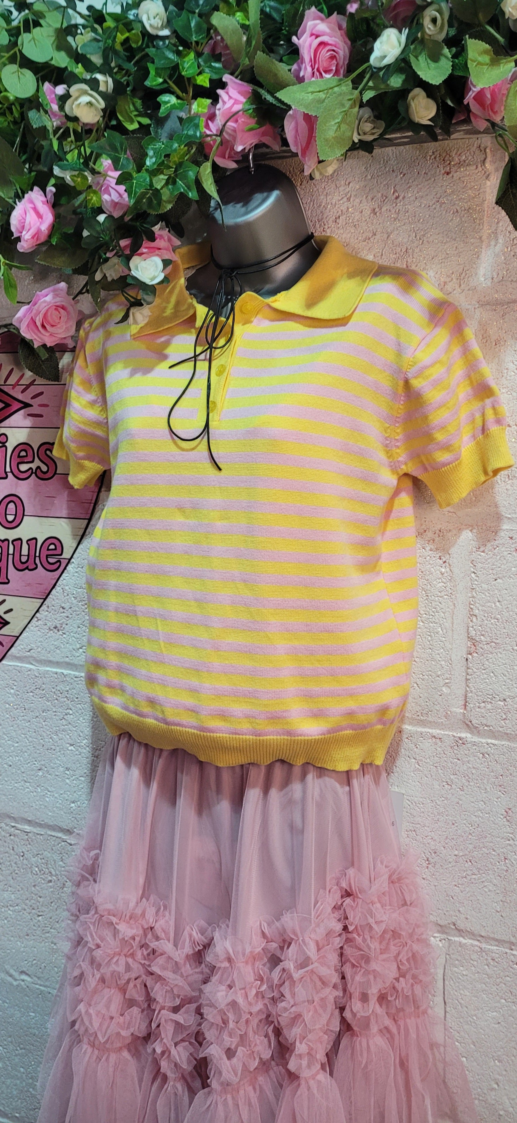 Abigail Striped Teddy Knit Polo Top Lemon & Pink