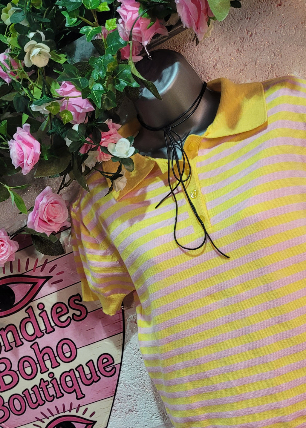 Abigail Striped Teddy Knit Polo Top Lemon & Pink