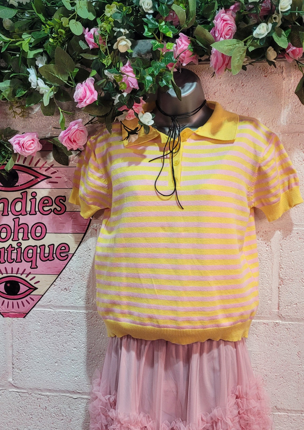 Abigail Striped Teddy Knit Polo Top Lemon & Pink