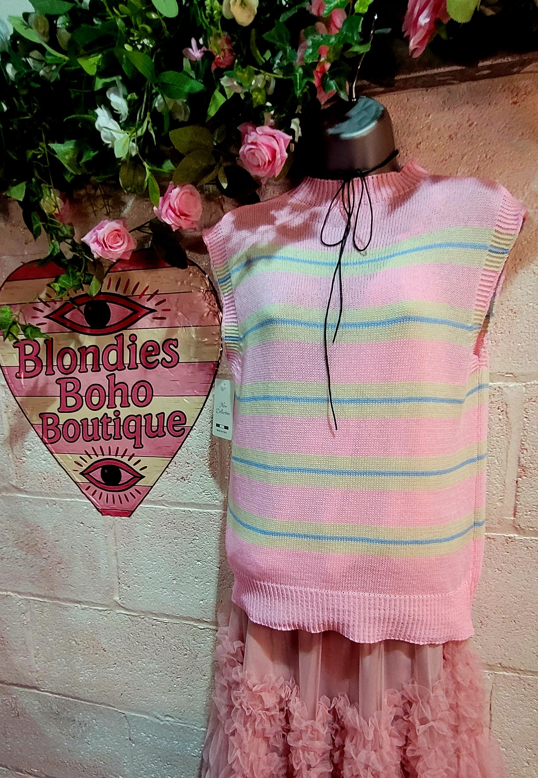 Tamra Striped Teddy Tank Knit Blue & Pink