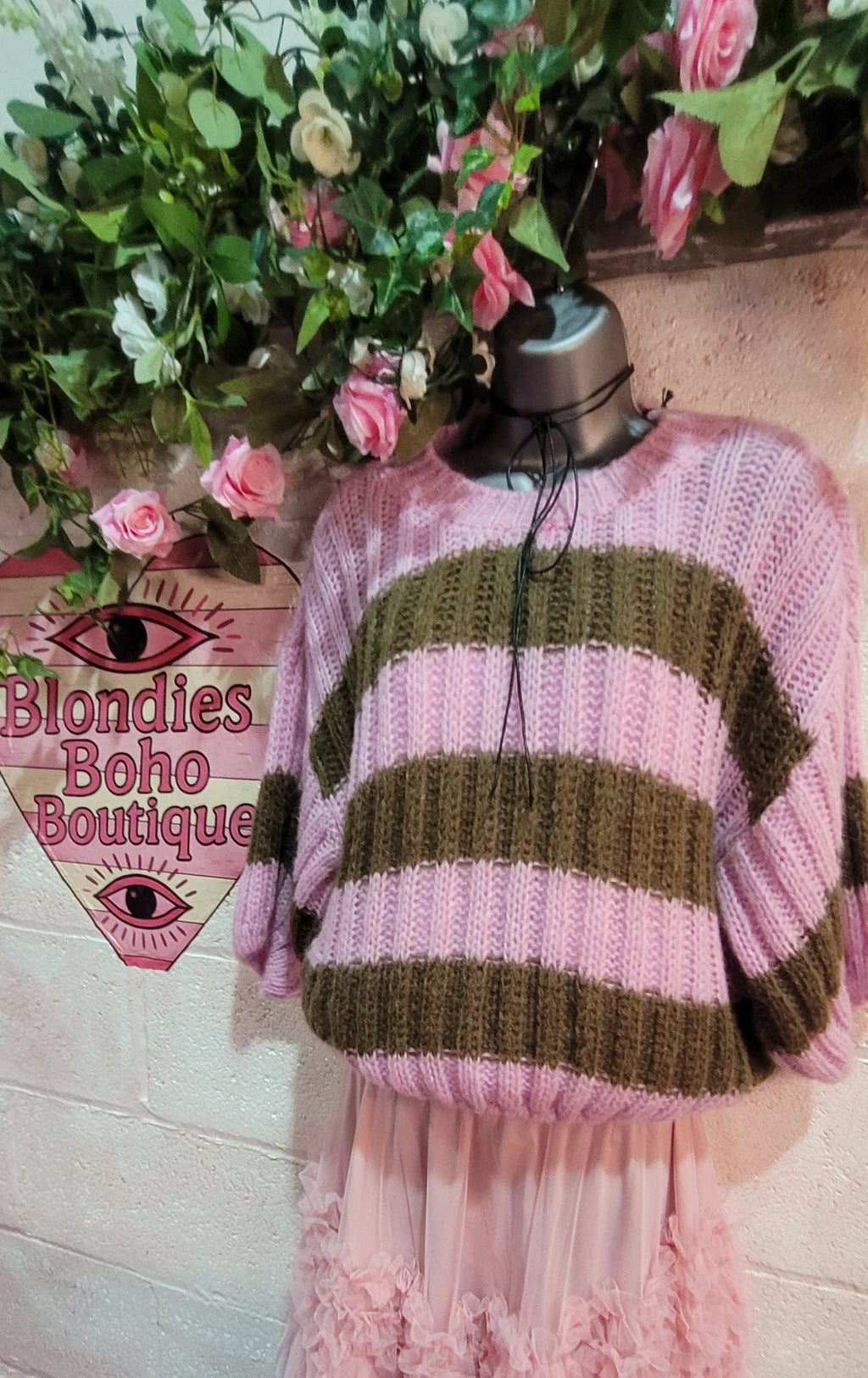 Betsy Cable Knit Striped Jumper Fuschia & Chocolate