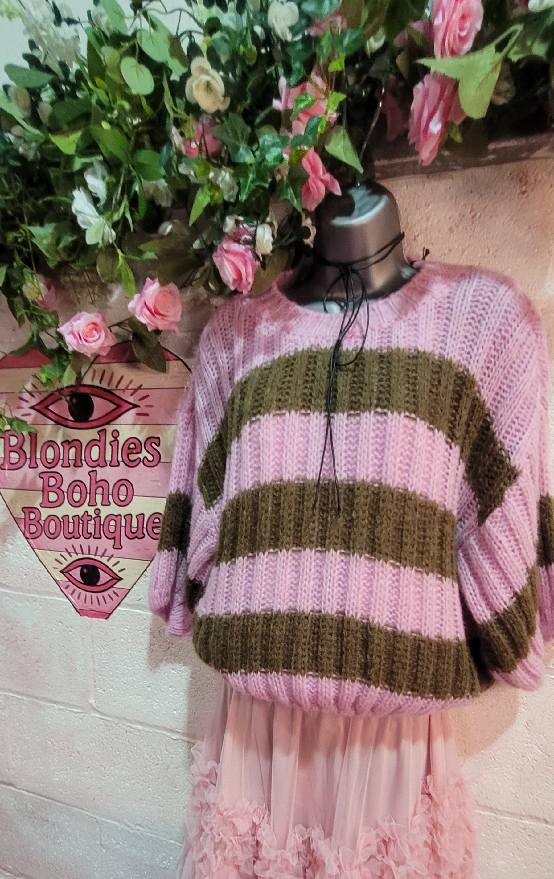 Betsy Cable Knit Striped Jumper Fuschia & Chocolate