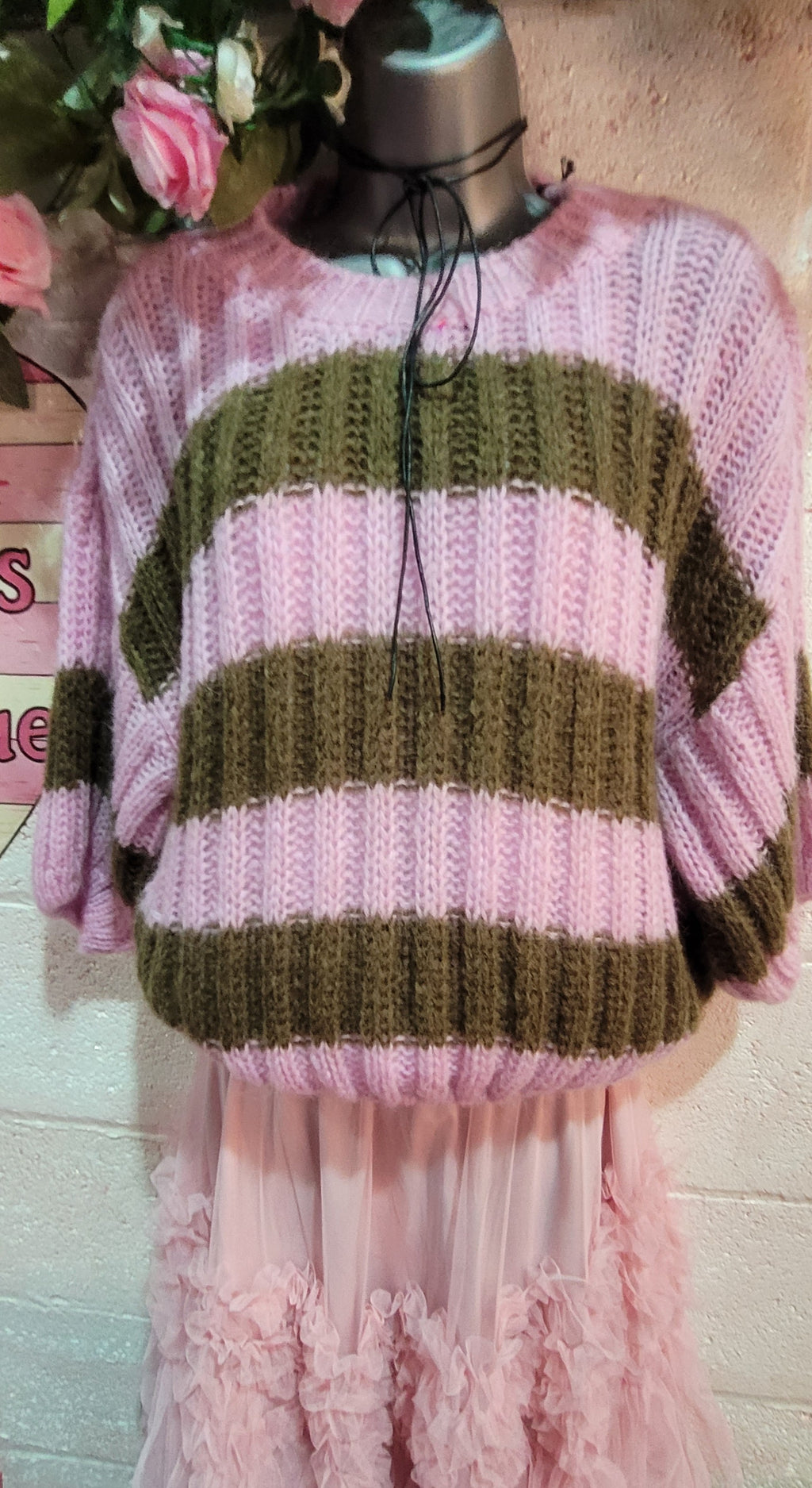 Betsy Cable Knit Striped Jumper Fuschia & Chocolate