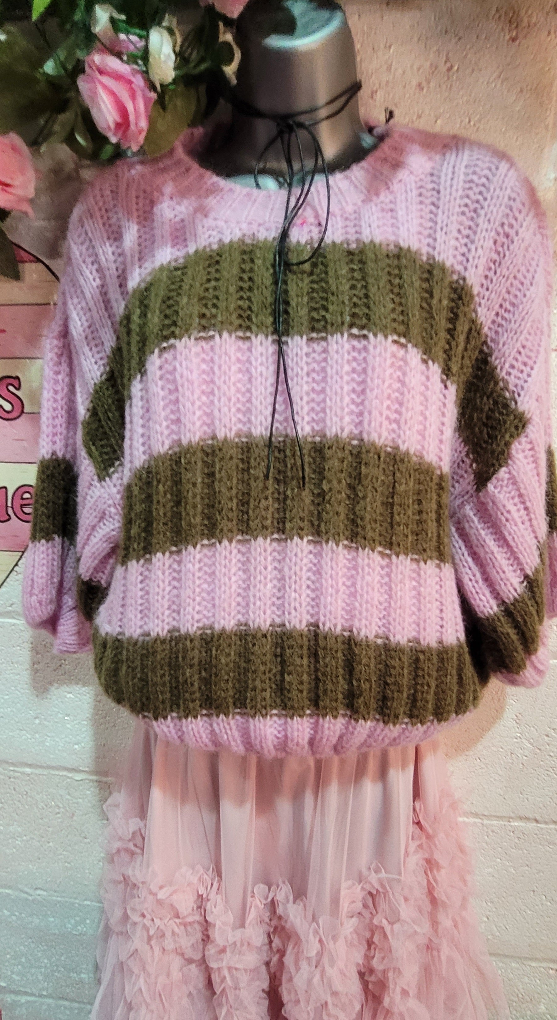 Betsy Cable Knit Striped Jumper Fuschia & Chocolate