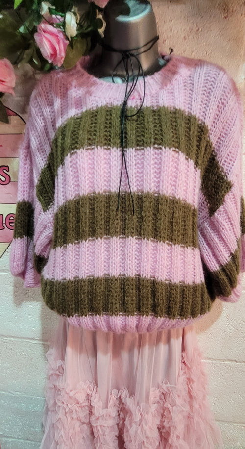 Betsy Cable Knit Striped Jumper Fuschia & Chocolate