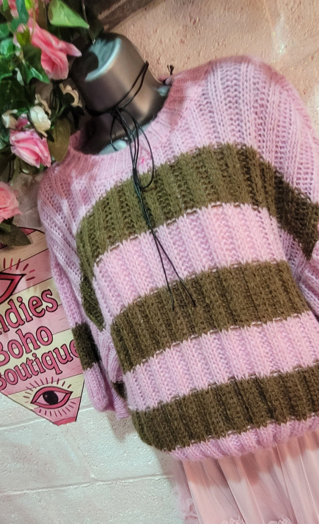 Betsy Cable Knit Striped Jumper Fuschia & Chocolate