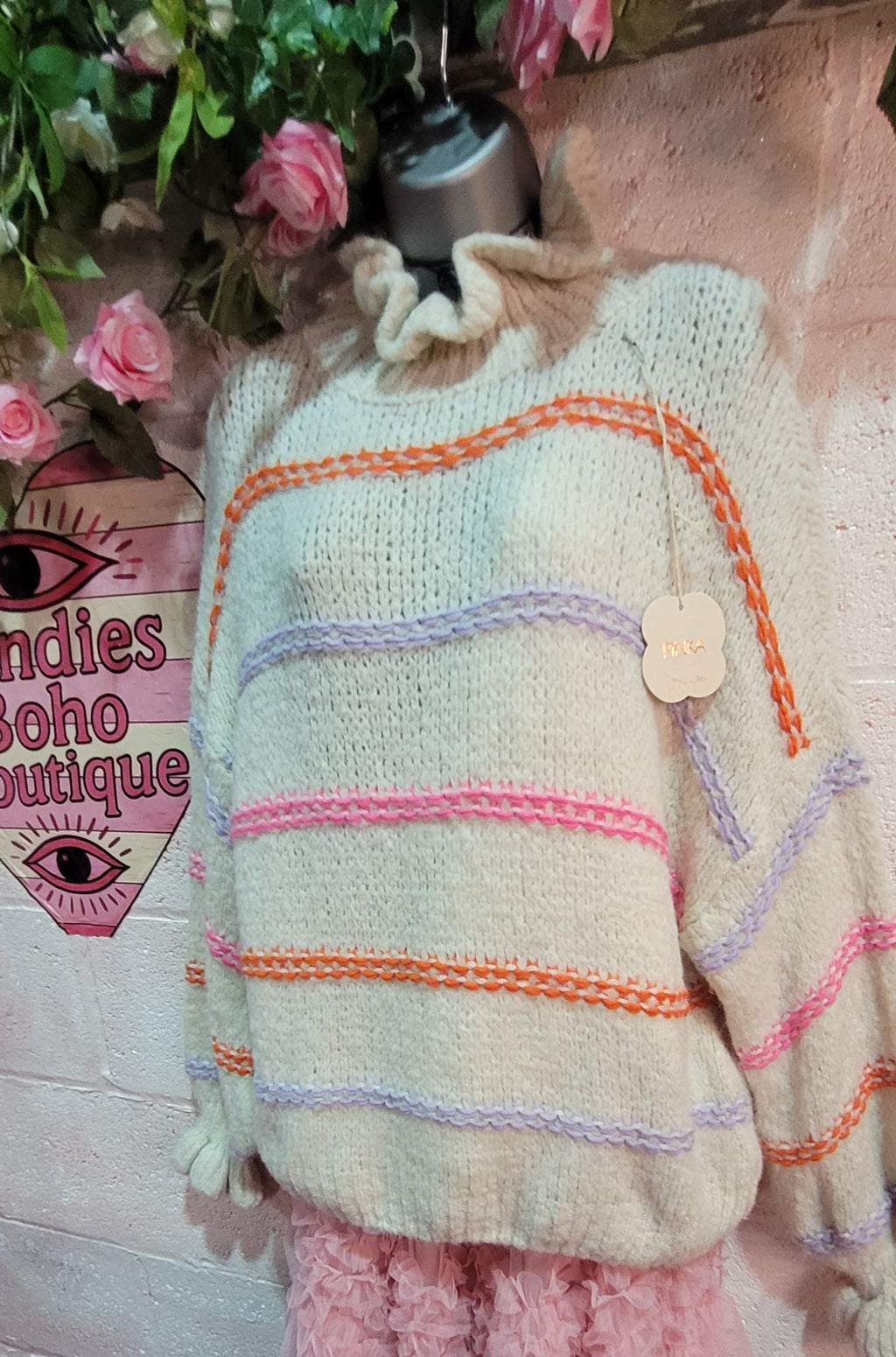 Greta Ruffle Collar Slouch Stripe Knit Jumper, Ivory & Rainbow Stripe