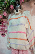Greta Ruffle Collar Slouch Stripe Knit Jumper, Ivory & Rainbow Stripe