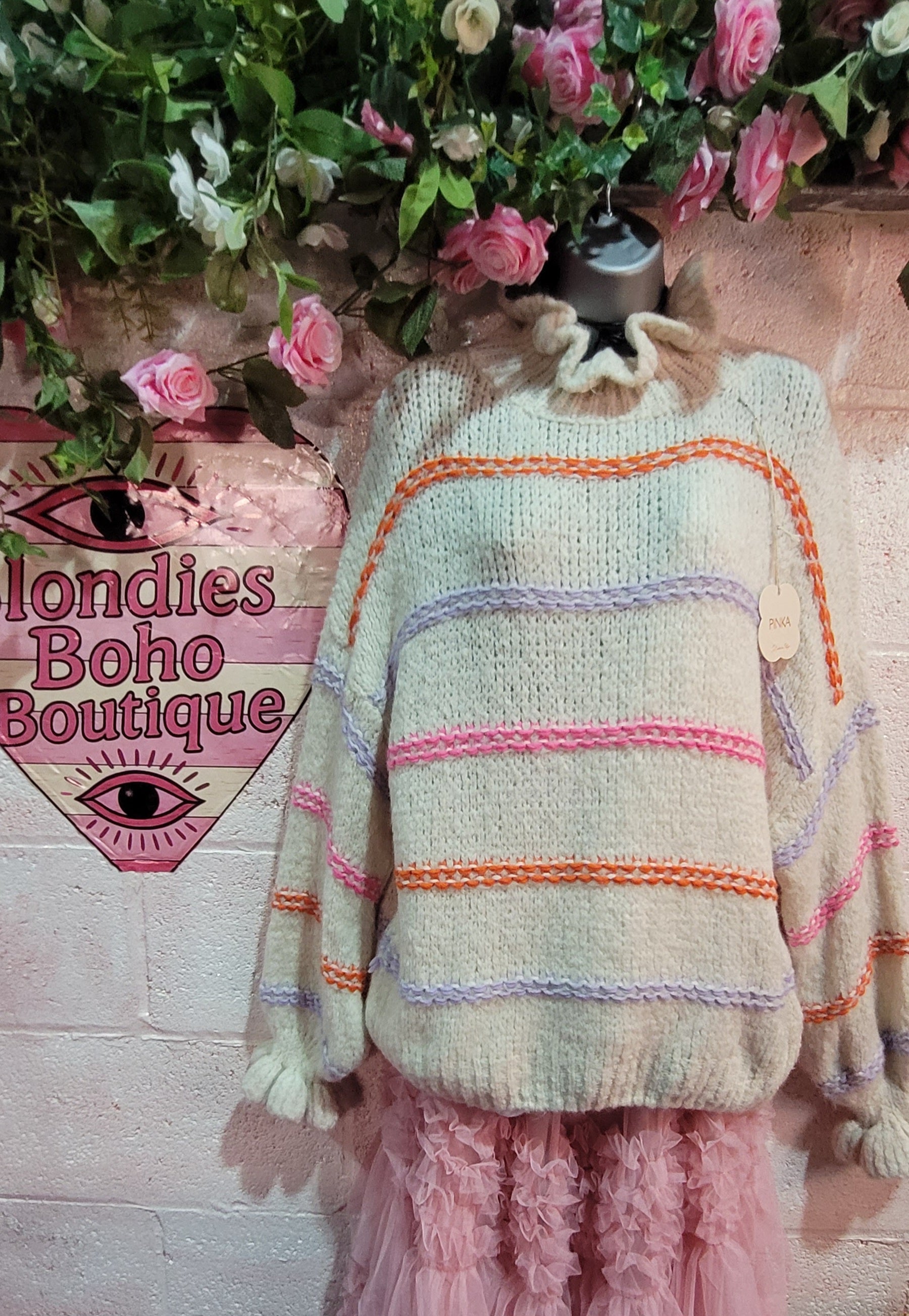 Greta Ruffle Collar Slouch Stripe Knit Jumper, Ivory & Rainbow Stripe