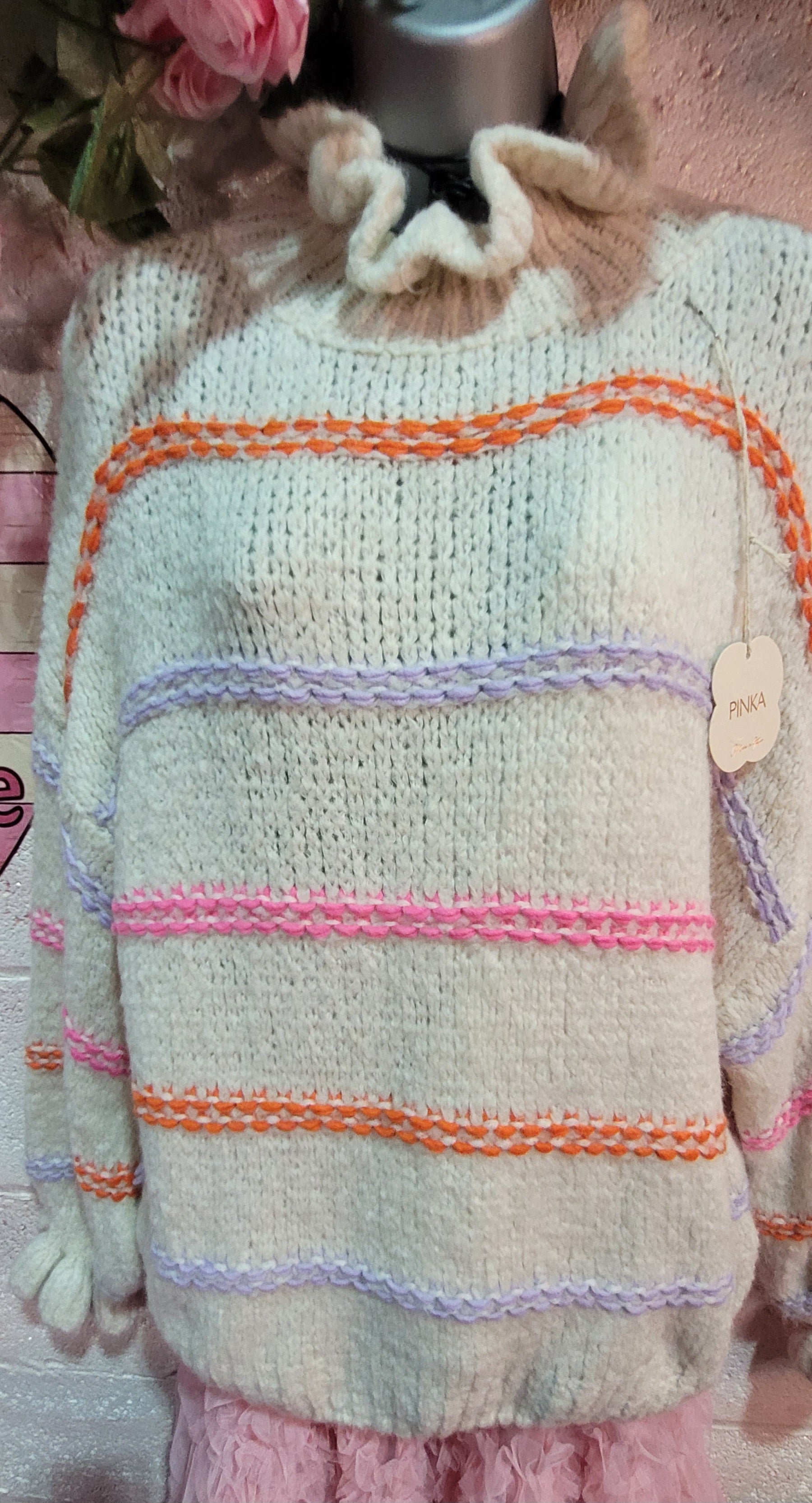 Greta Ruffle Collar Slouch Stripe Knit Jumper, Ivory & Rainbow Stripe