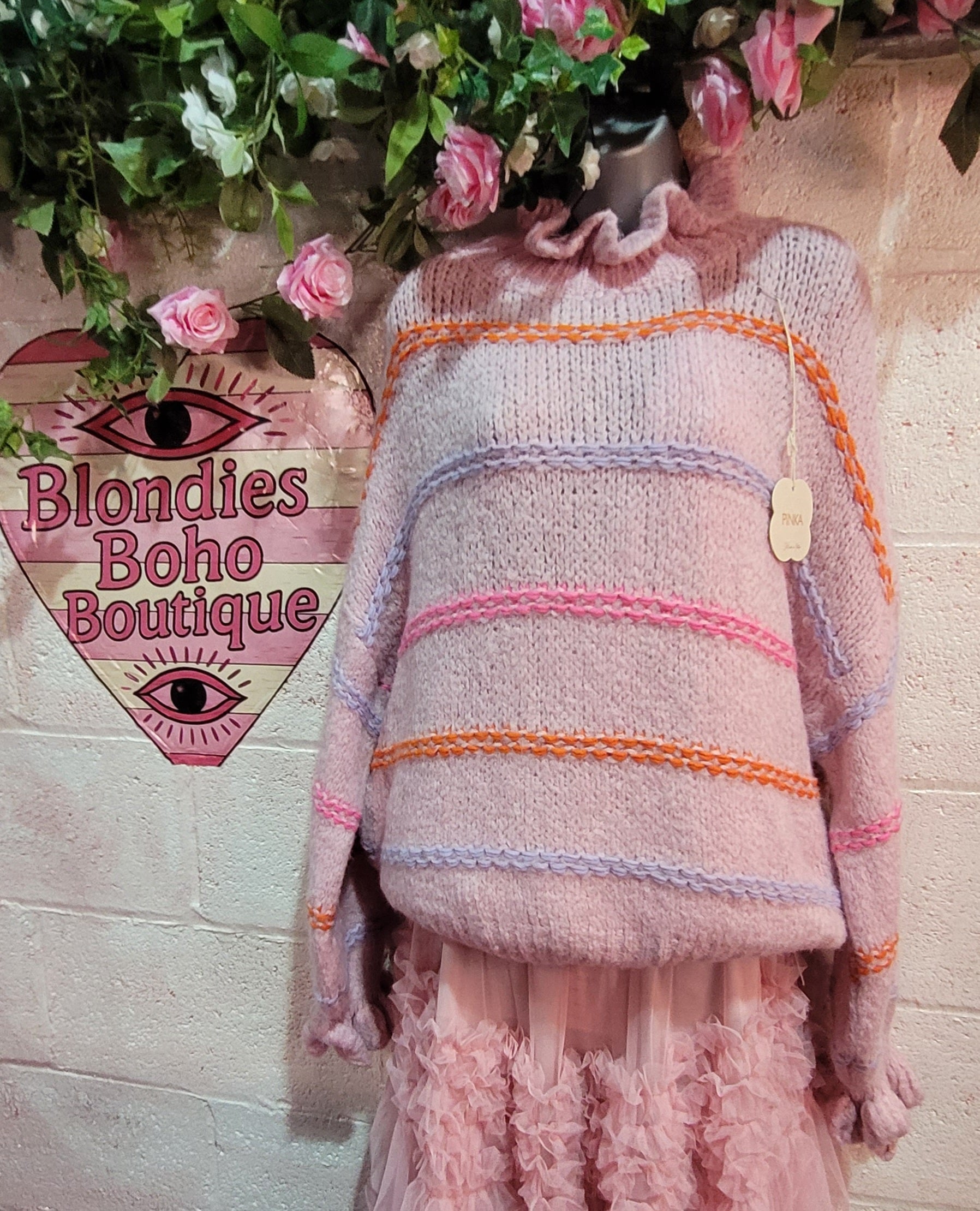 Greta Ruffle Collar Slouch Stripe Knit Jumper, Pink & Rainbow Stripe