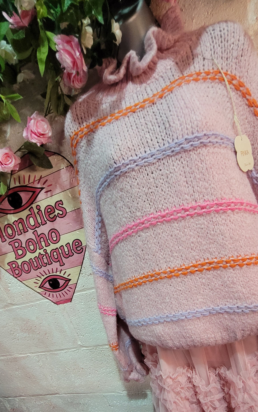 Greta Ruffle Collar Slouch Stripe Knit Jumper, Pink & Rainbow Stripe