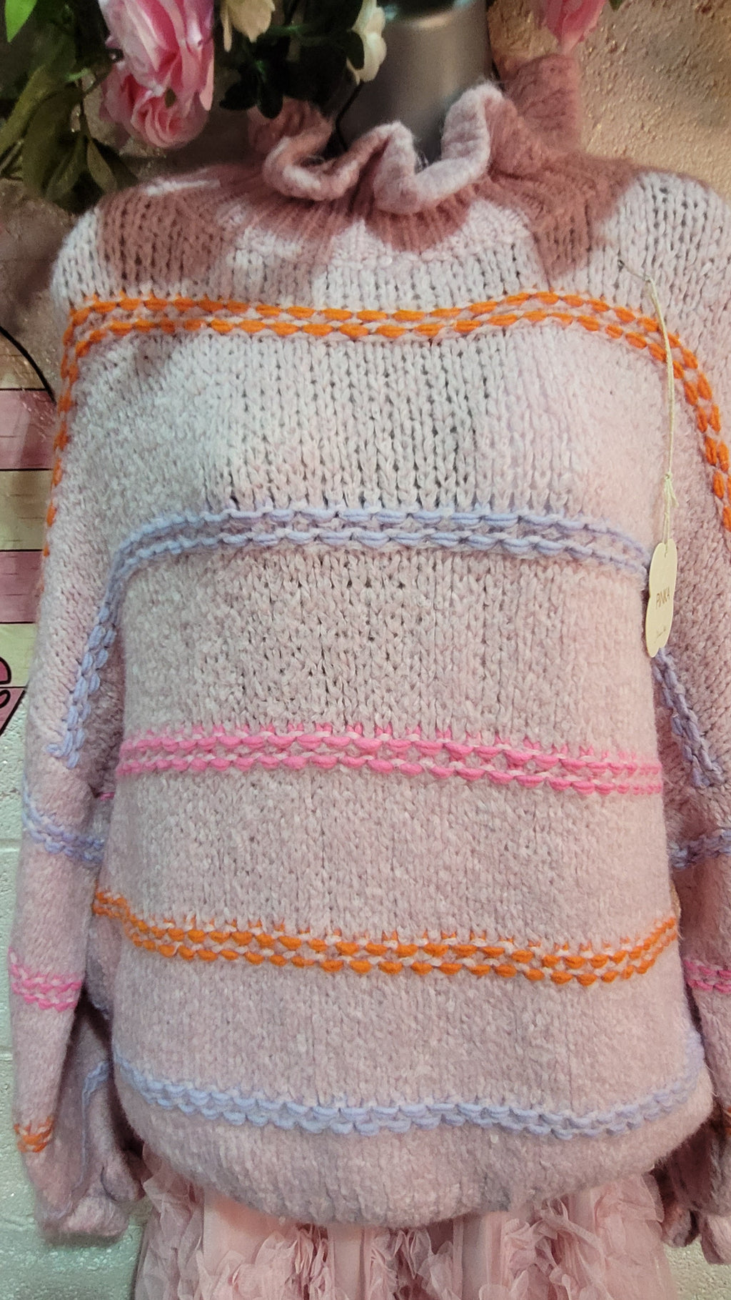 Greta Ruffle Collar Slouch Stripe Knit Jumper, Pink & Rainbow Stripe