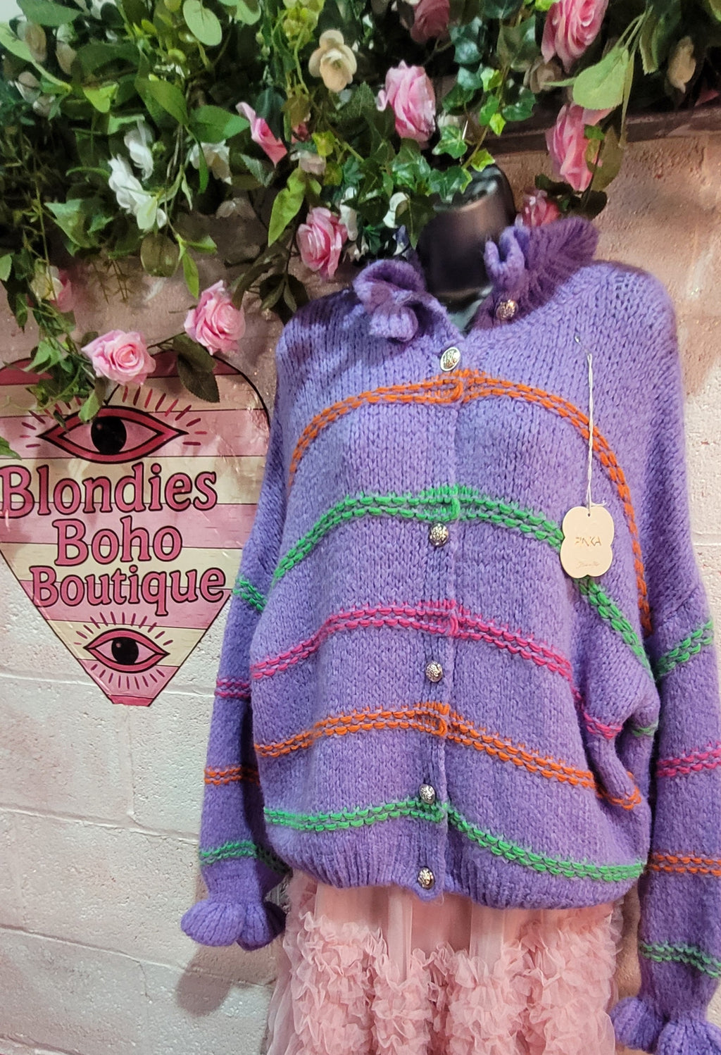 Lillian Lilac Button Down Ruffle Trimmed Rainbow Cardigan