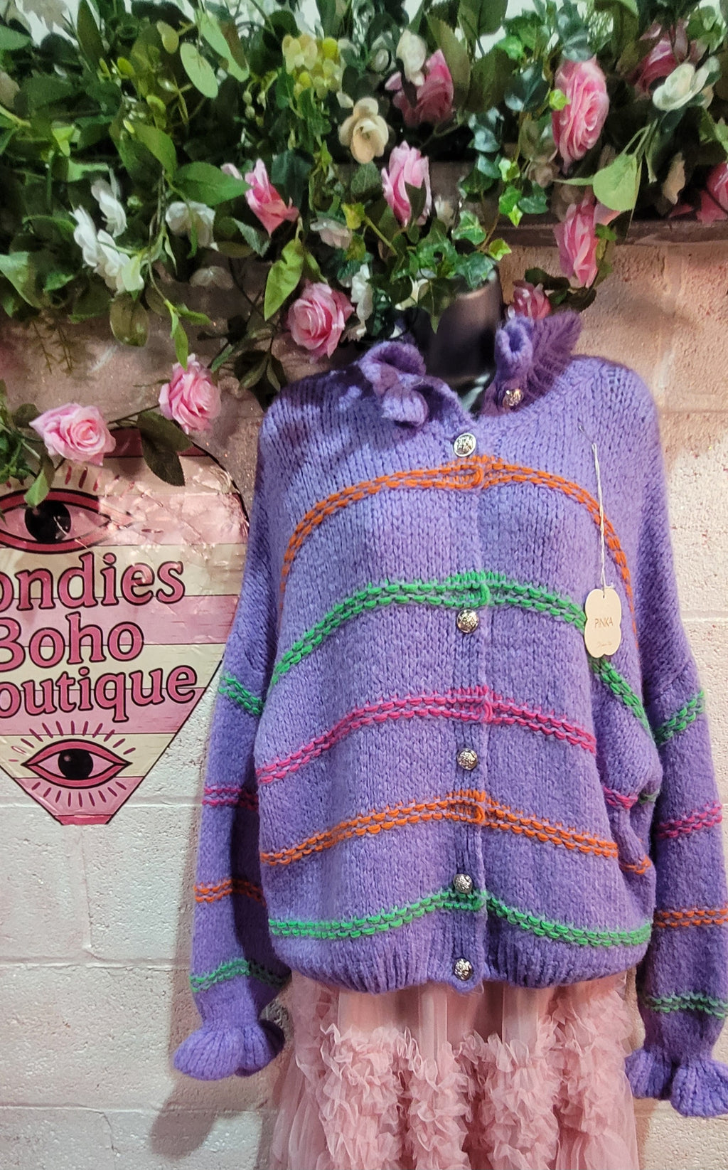 Lillian Lilac Button Down Ruffle Trimmed Rainbow Cardigan