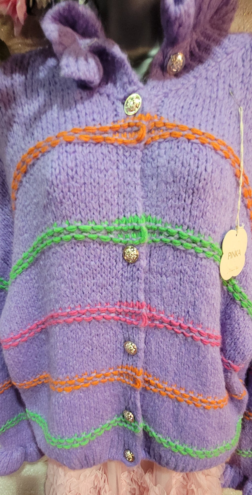 Lillian Lilac Button Down Ruffle Trimmed Rainbow Cardigan