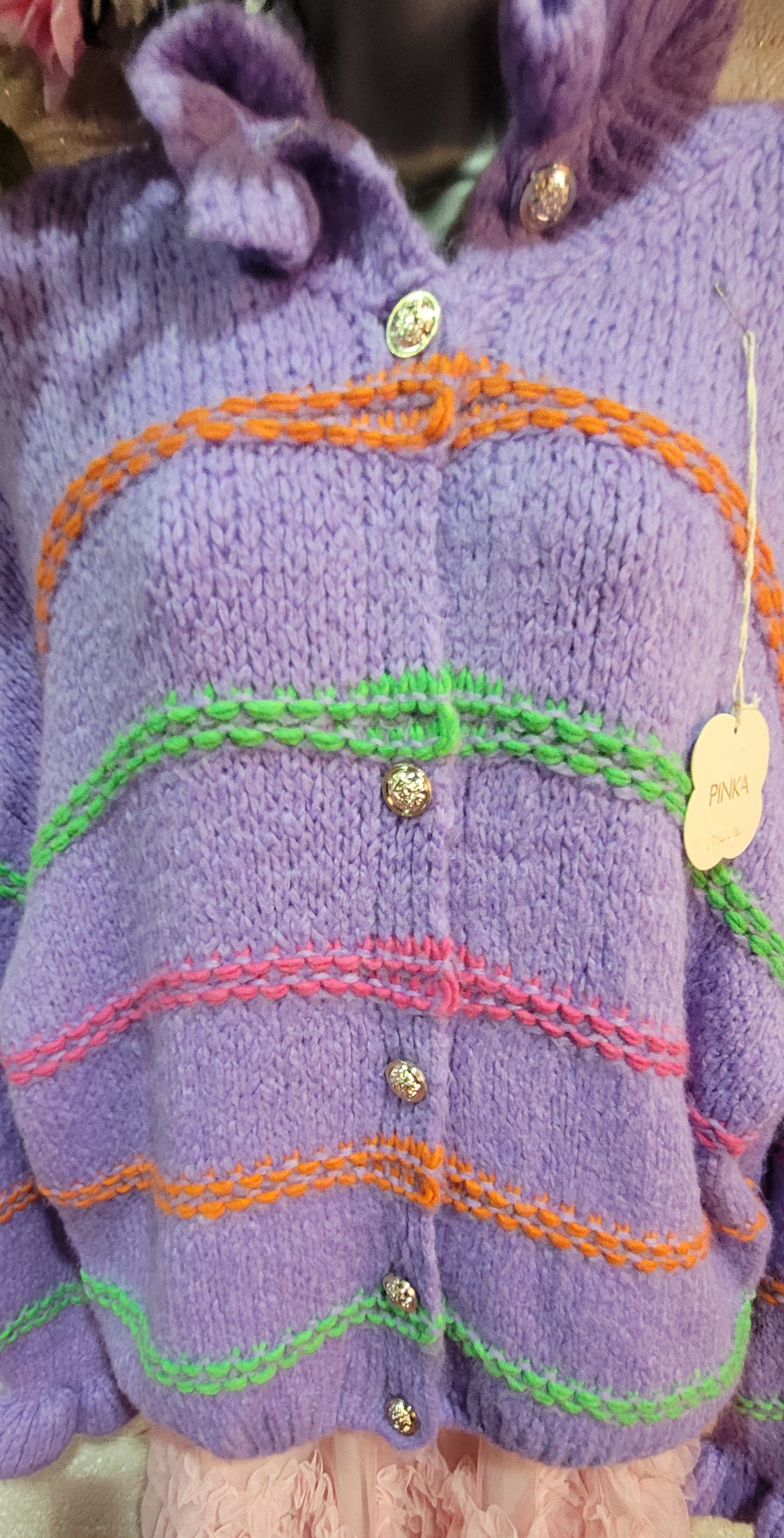 Lillian Lilac Button Down Ruffle Trimmed Rainbow Cardigan