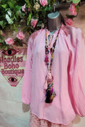 Fiona Waffle Cotton Tie Neck Grandad Shirt Pink