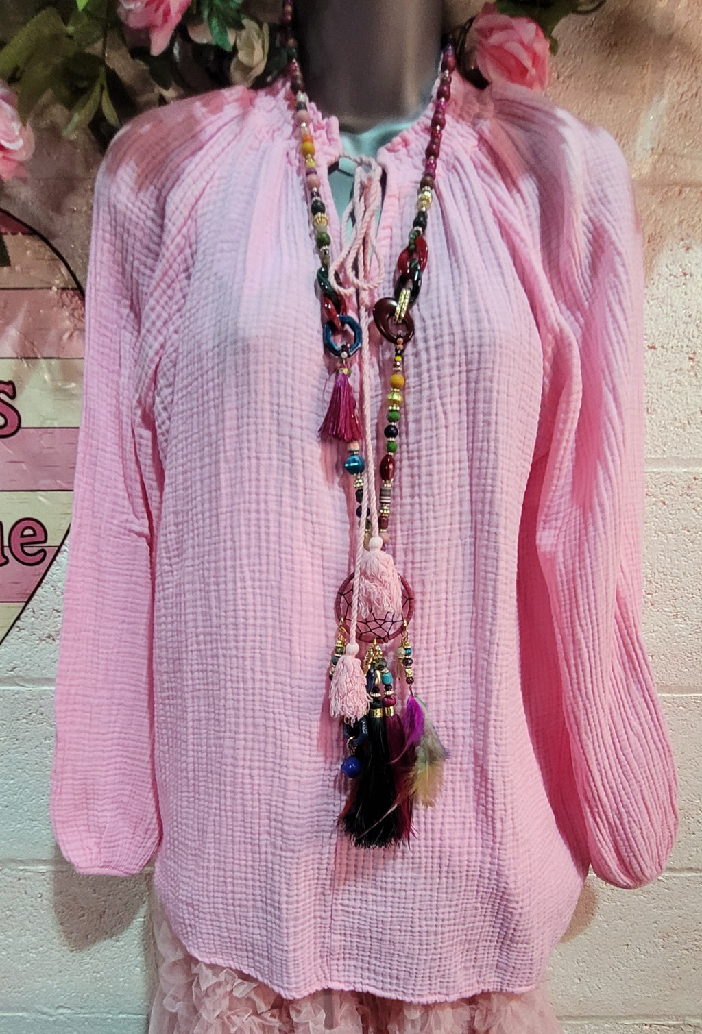 Fiona Waffle Cotton Tie Neck Grandad Shirt Pink