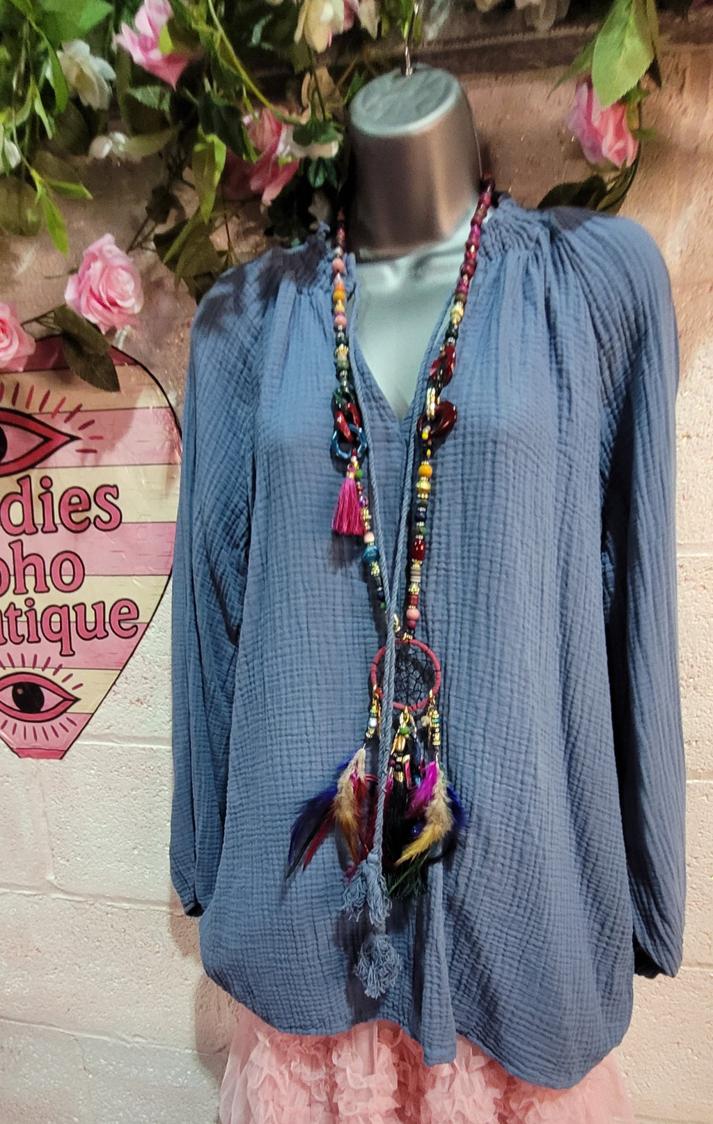 Fiona Waffle Cotton Tie Neck Grandad Shirt Washed Blue
