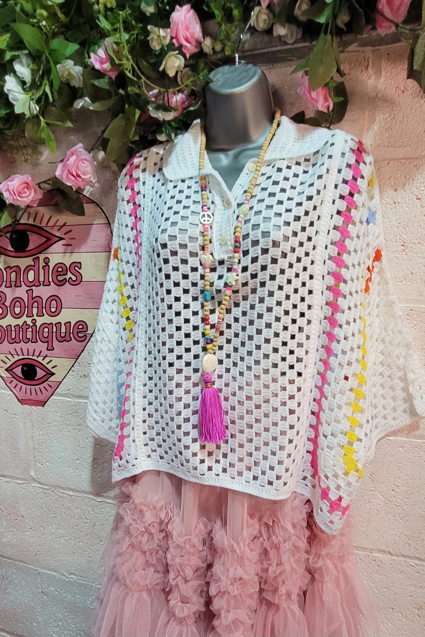 Winona Woven Tennis Polo Shirt, White & Rainbow Trim
