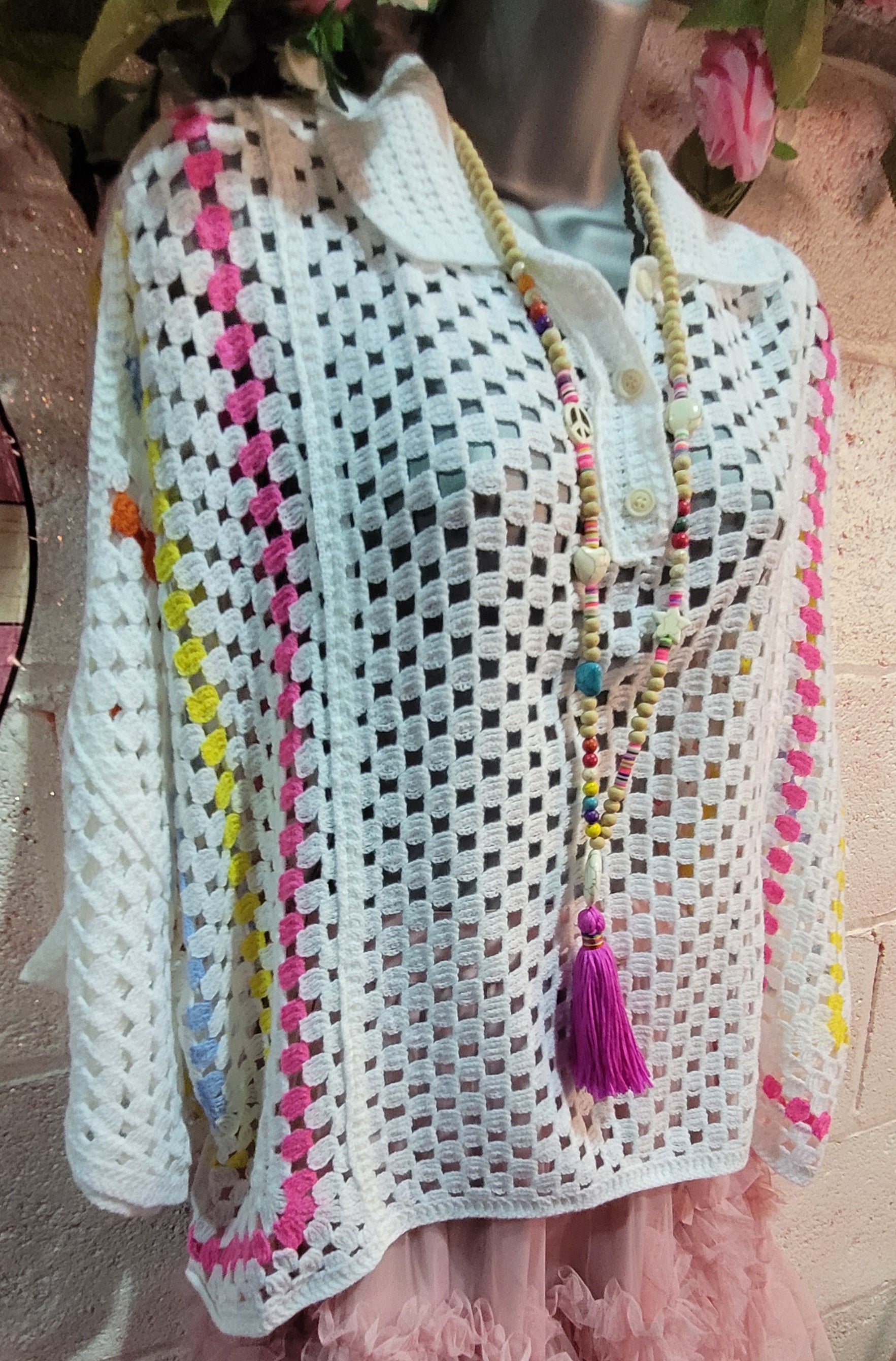 Winona Woven Tennis Polo Shirt, White & Rainbow Trim